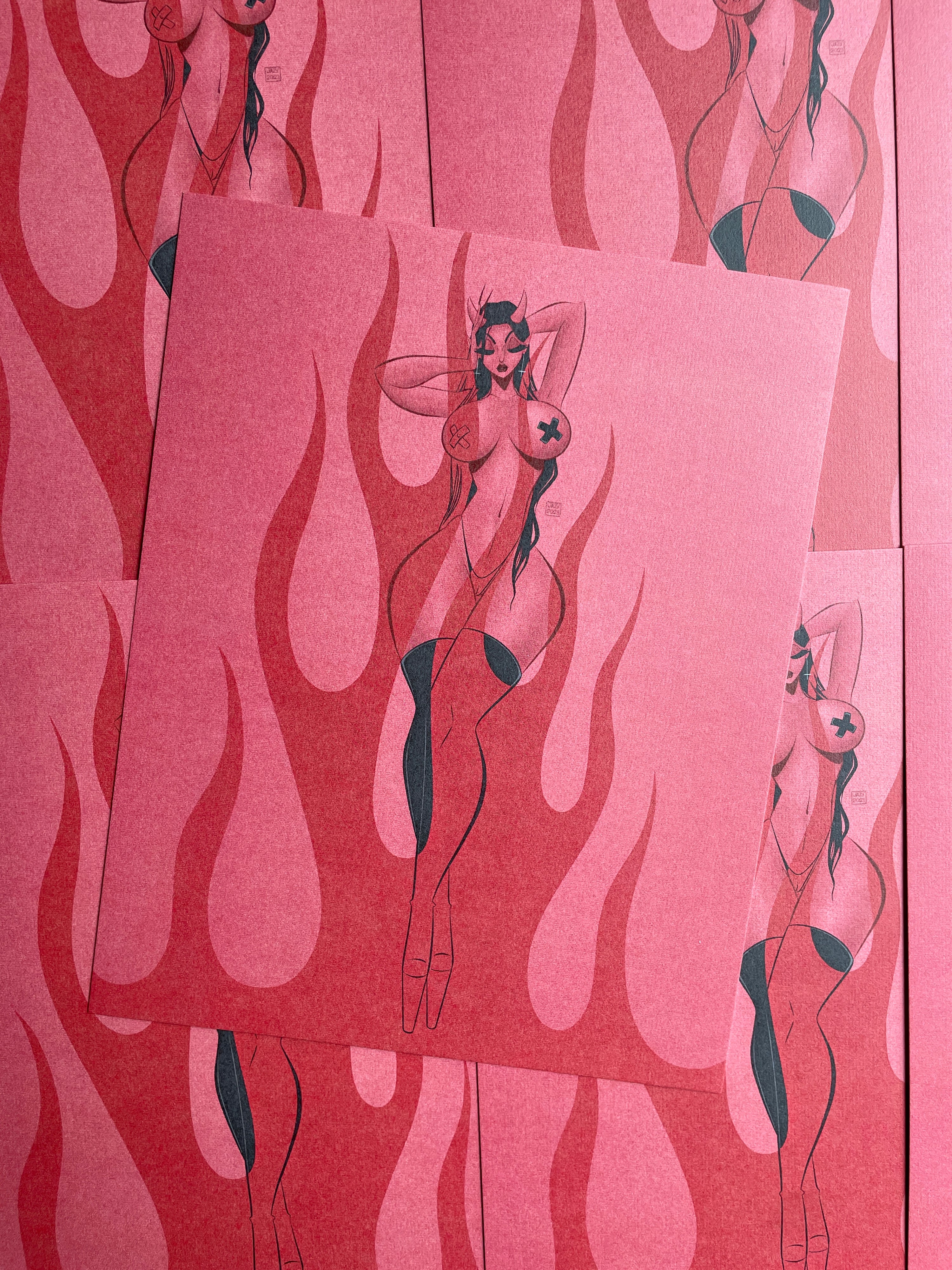 devil with flames print of curvy devil woman and flames by bloodknotcollective