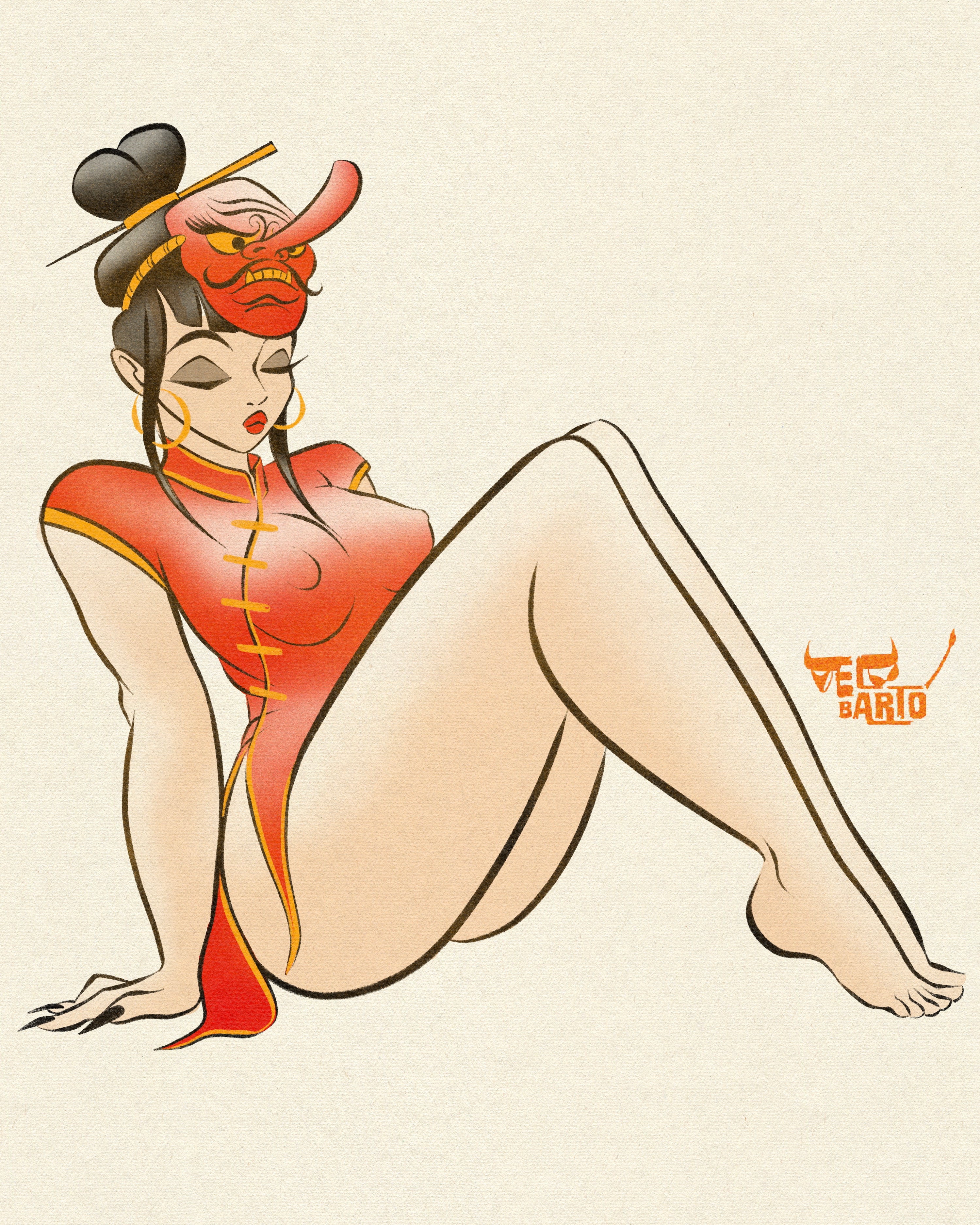 geisha print of asian woman with mask by bloodknotcollective