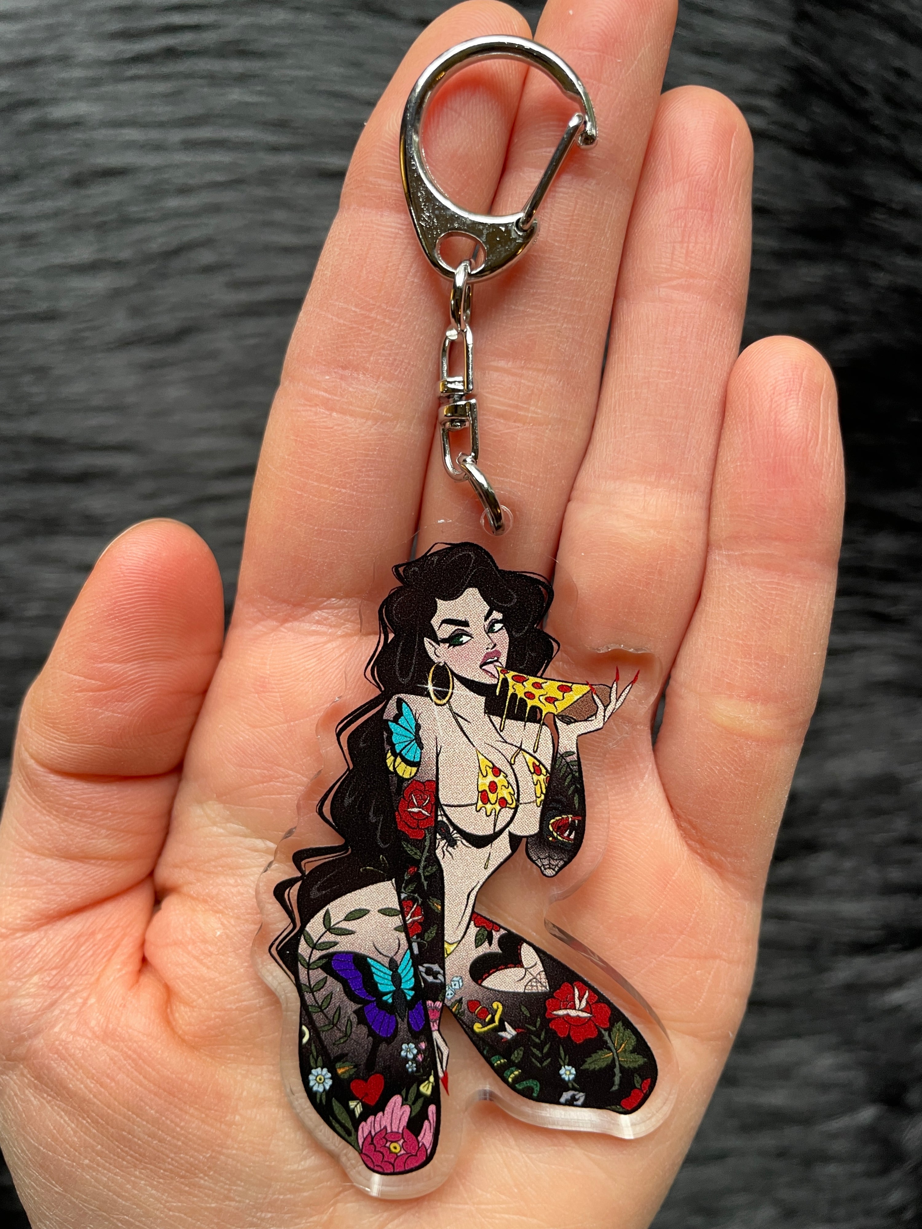 clear acrylic pizza babe keychain