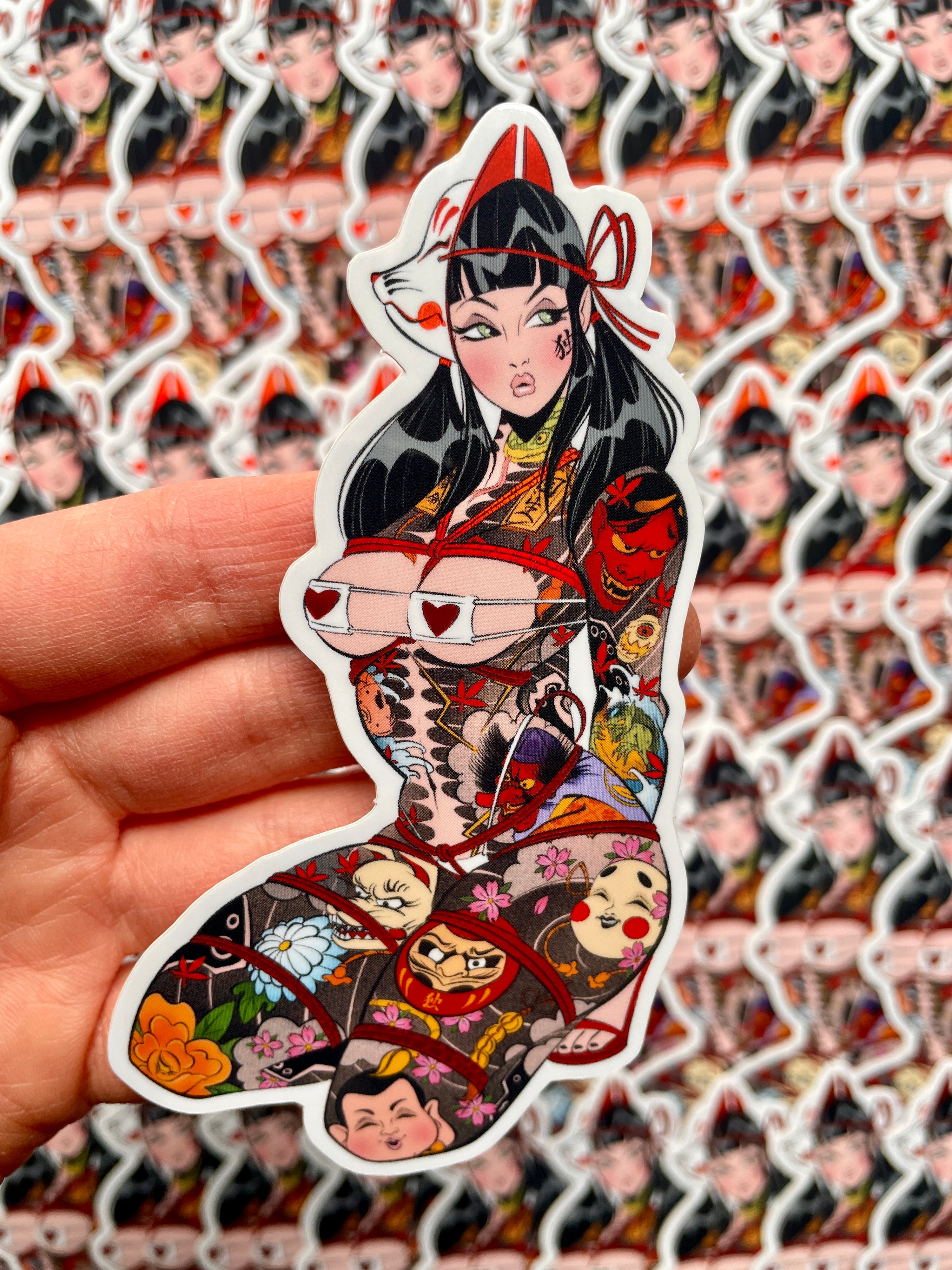 tattooed japanese woman in shibari holographic vinyl sticker by bloodknotcollective