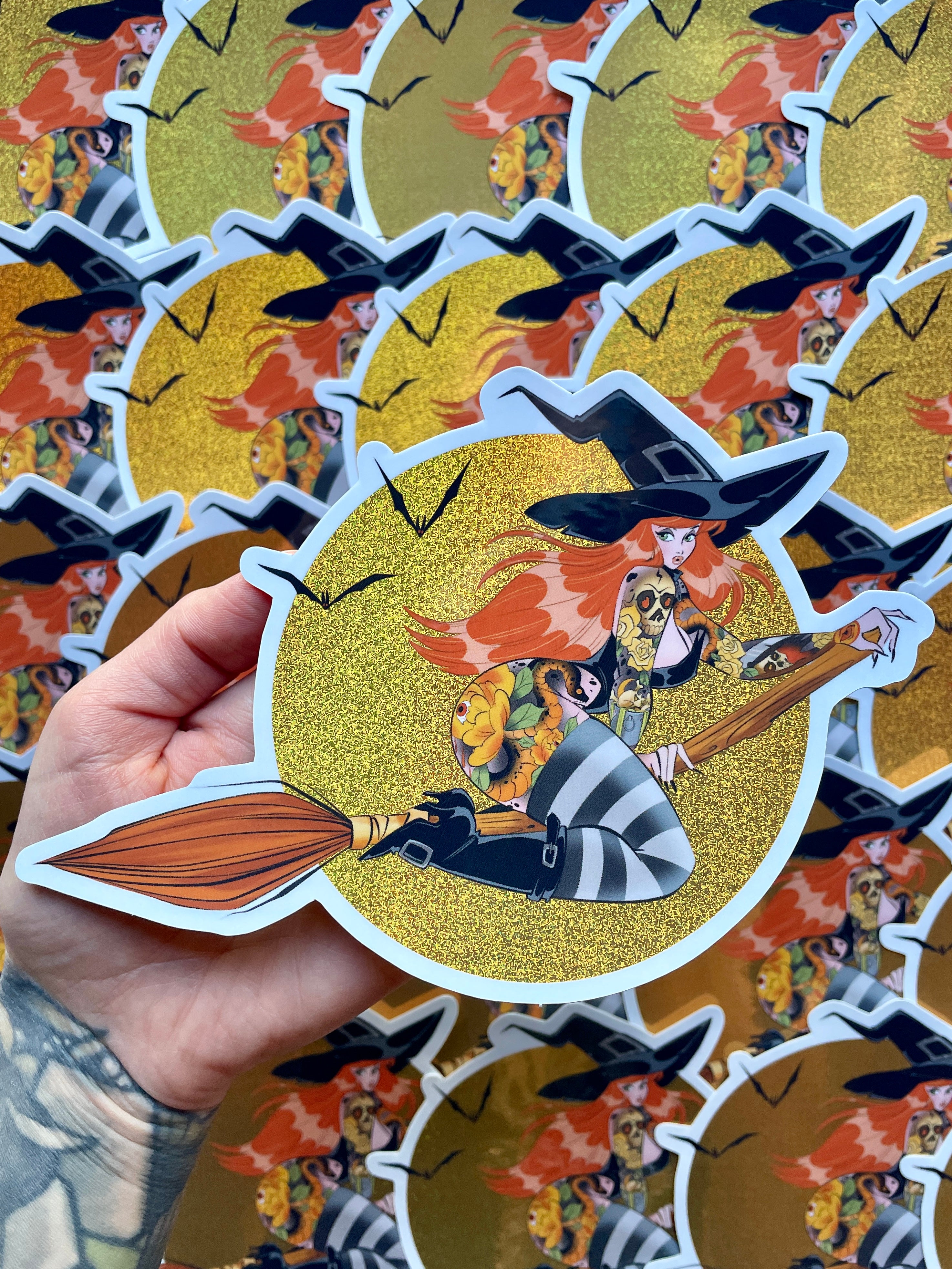 tattooed witch on broom with pixie dust glitter moon jumbo vinyl sticker by bloodknotcollective