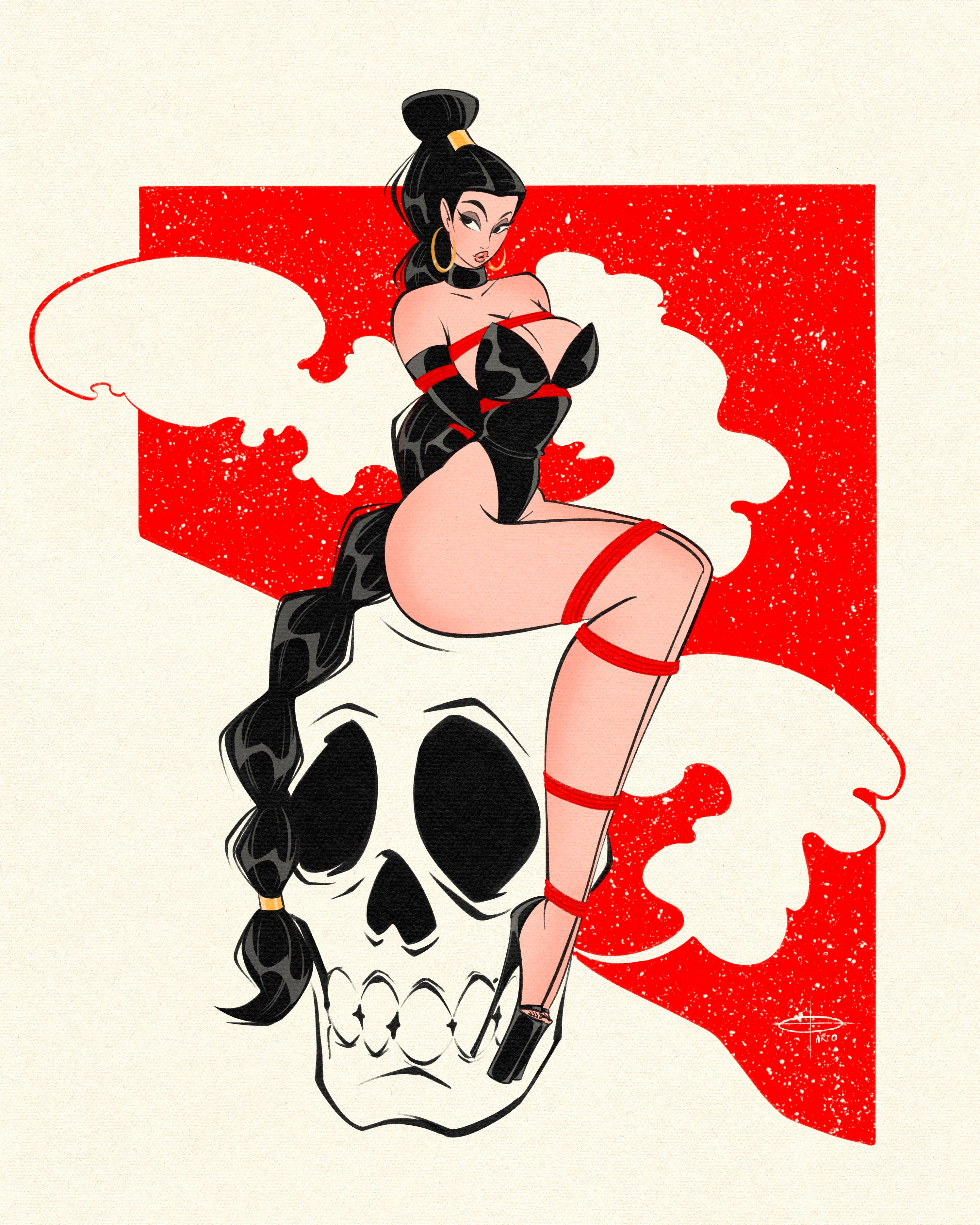 woman with long hair in shibari sitting on skull by bloodknotcollective