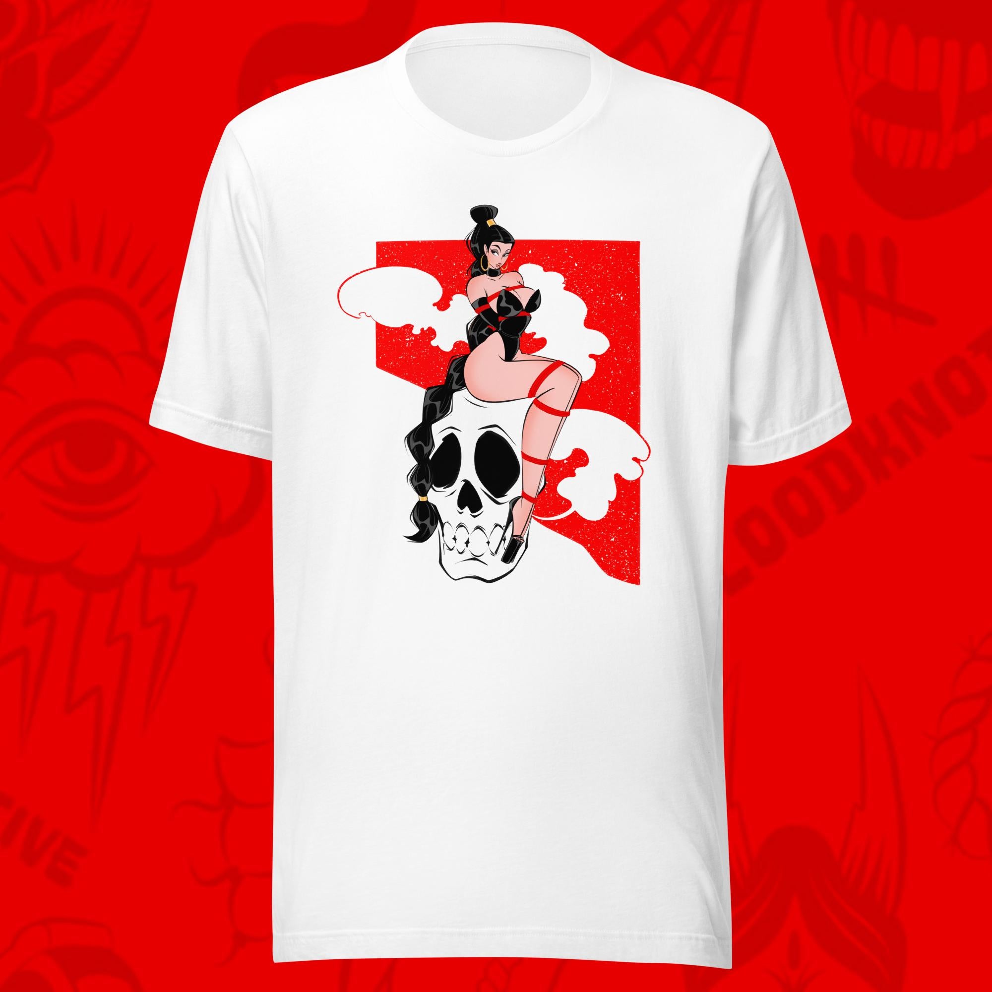 bind my bones tee of shibari woman sitting on skull on white tee by bloodknotcollective