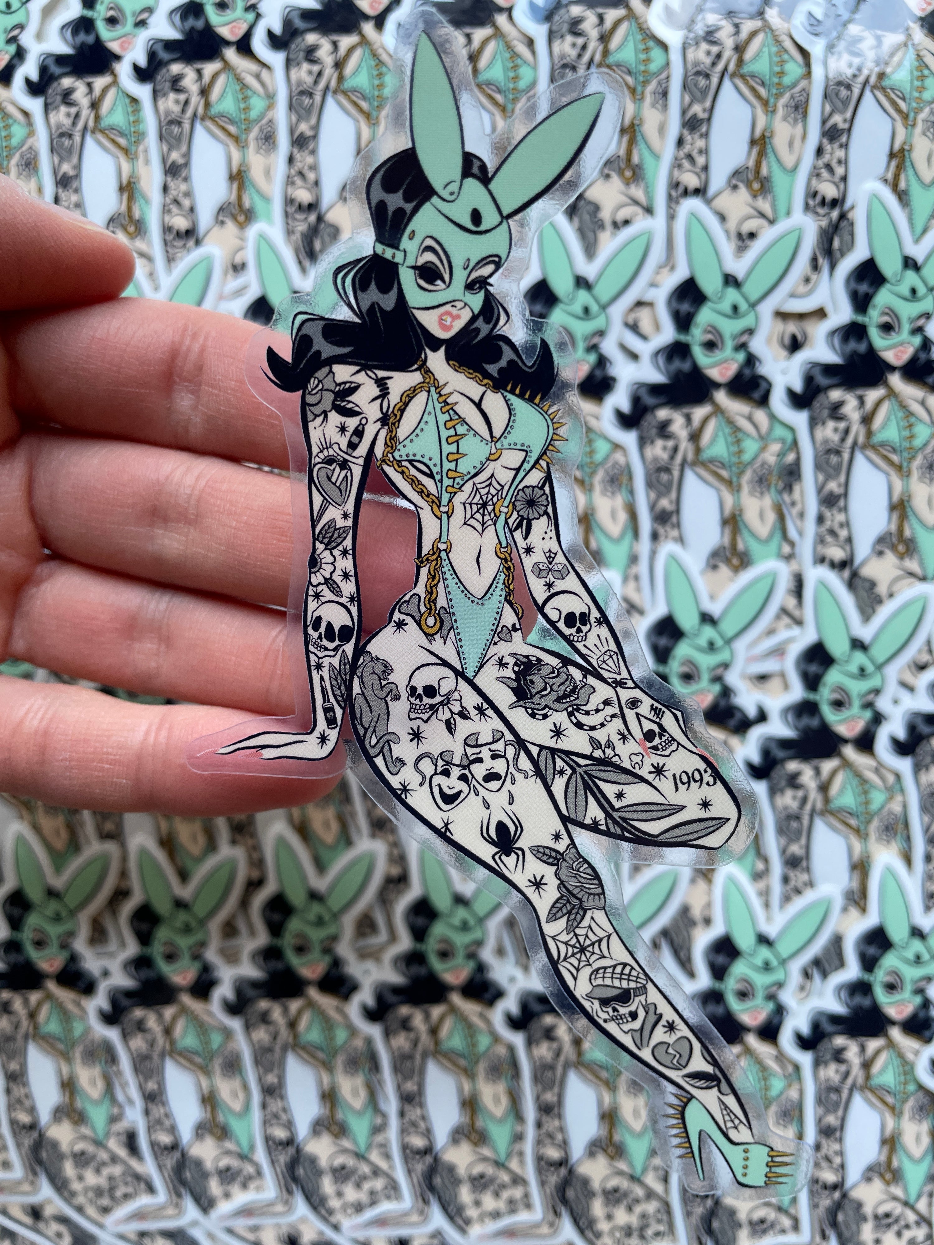 gothic bunny with toxic vision outfit and tattoos clear vinyl sticker by bloodknotcollective