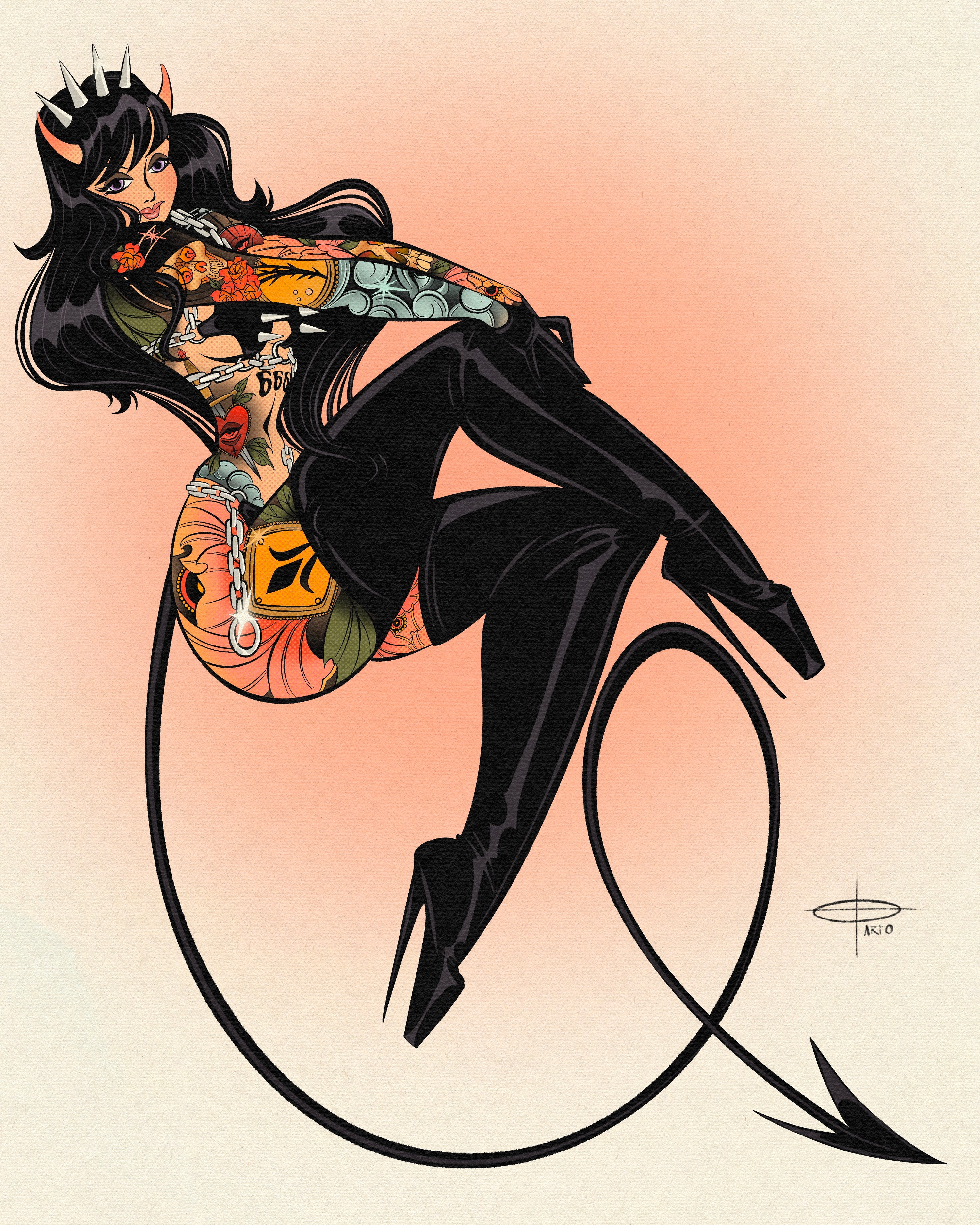Devils dagger print of devil woman with tattoos by bloodknotcollective.