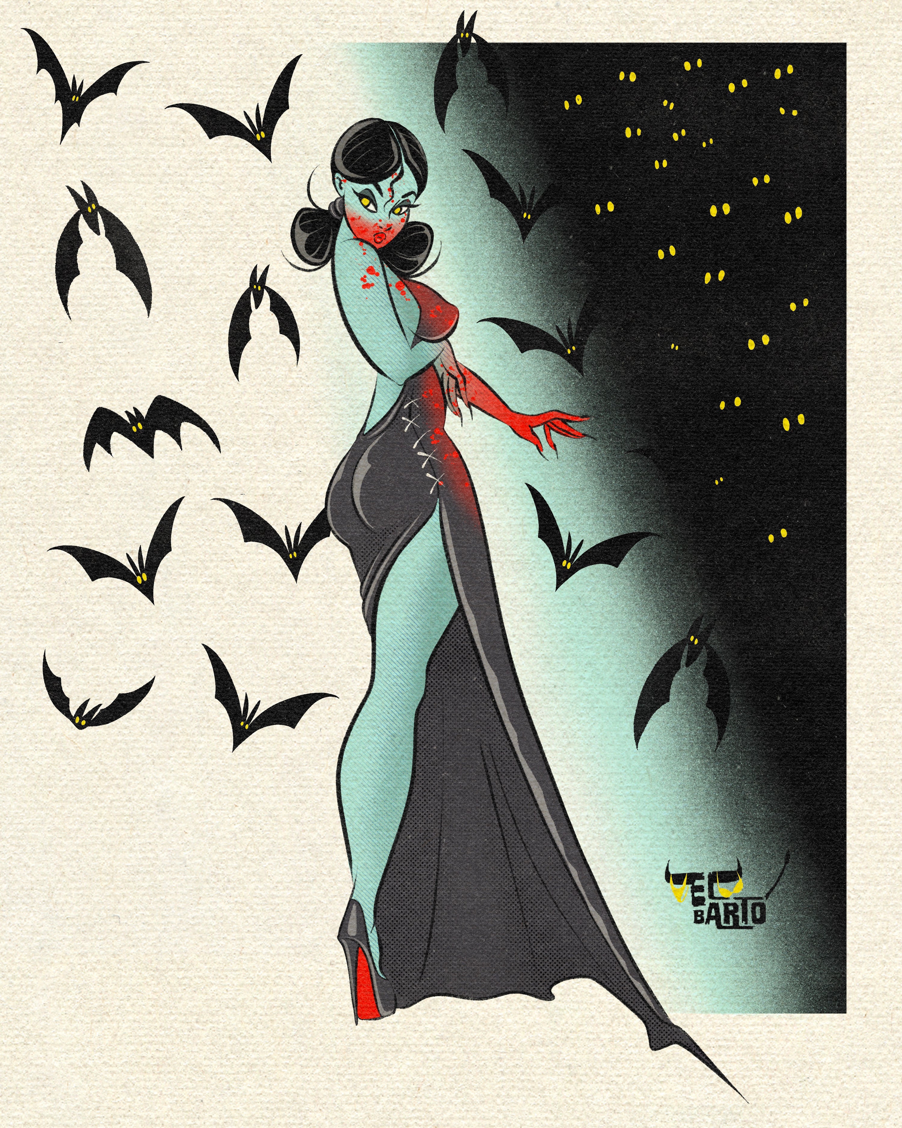 drinking with friends print of vampire with blood surrounded by bats