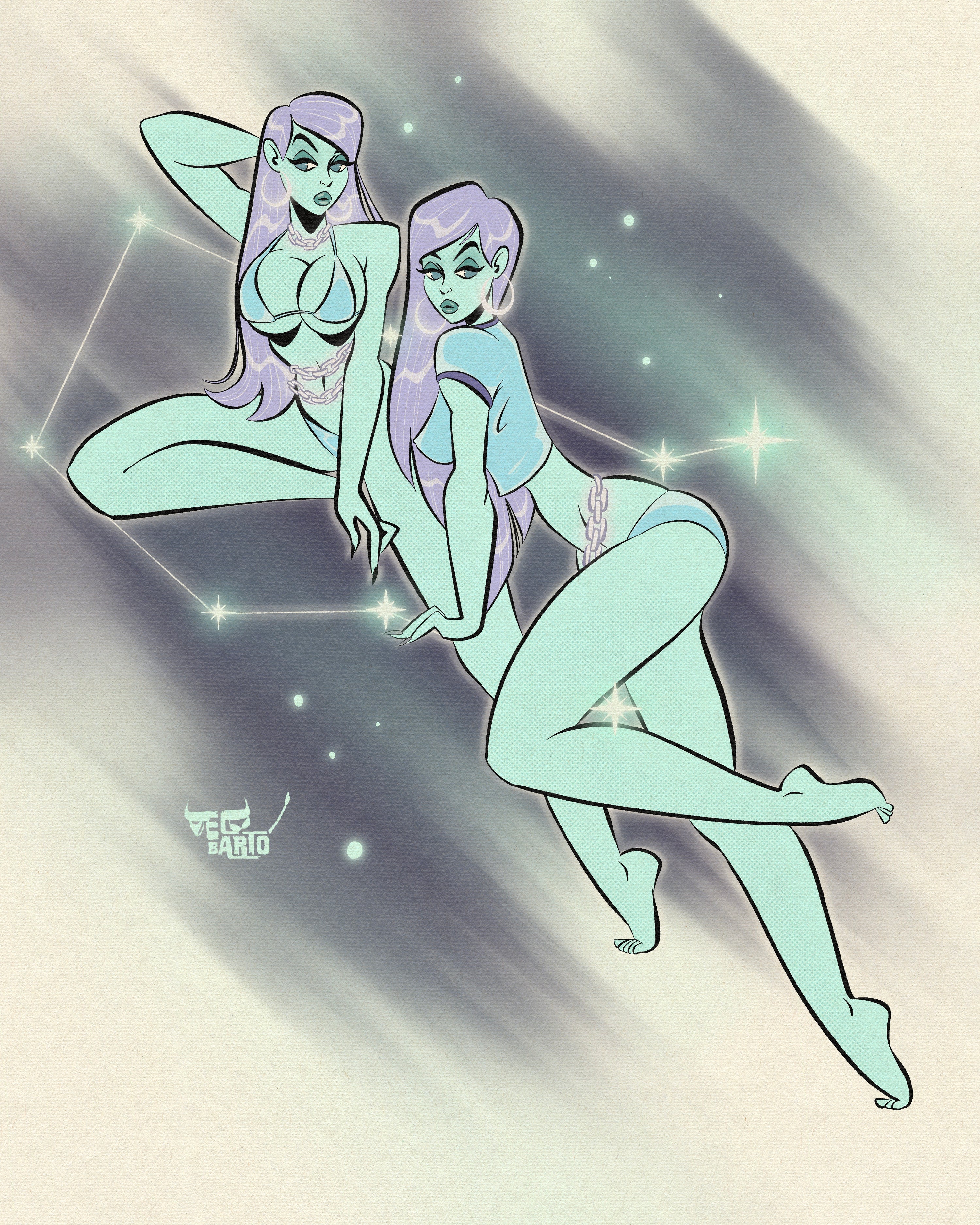 Gemini print of two woman and stars by bloodknotcollective.
