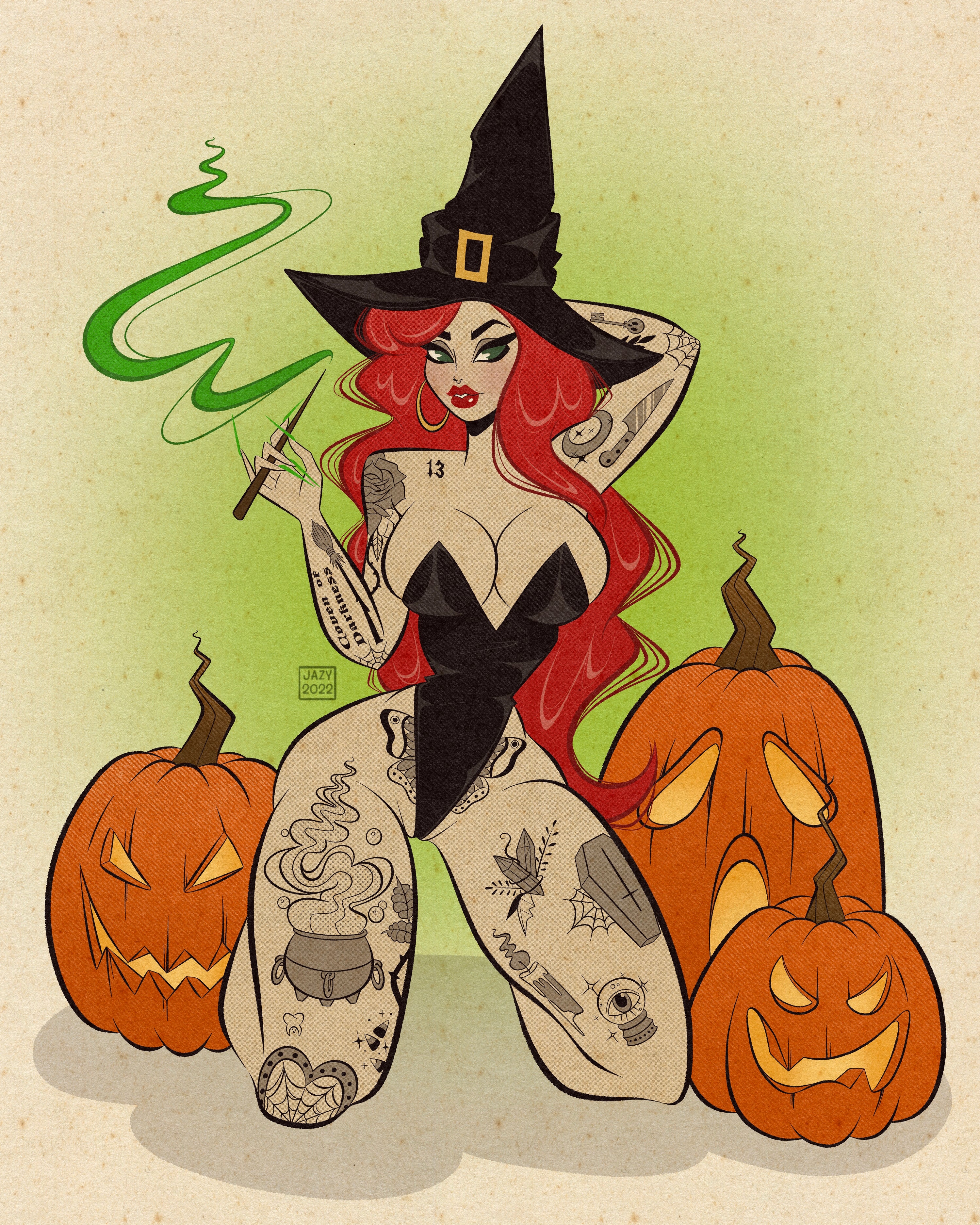 Happy halloween print of witch and pumpkins by bloodknotcollective.
