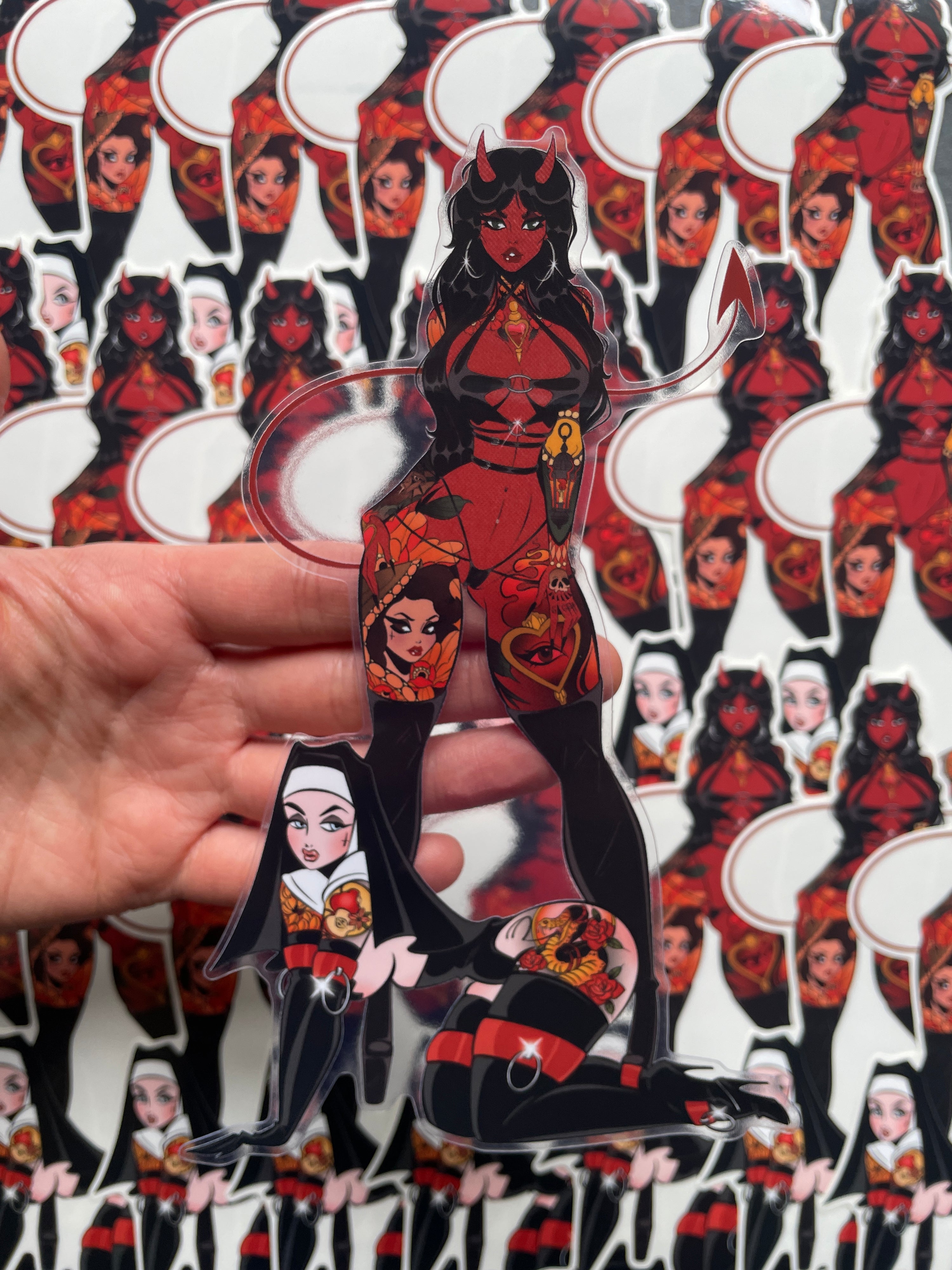 devil girl and nun with neotraditional tattoos clear vinyl jumbo sticker by bloodknotcollective
