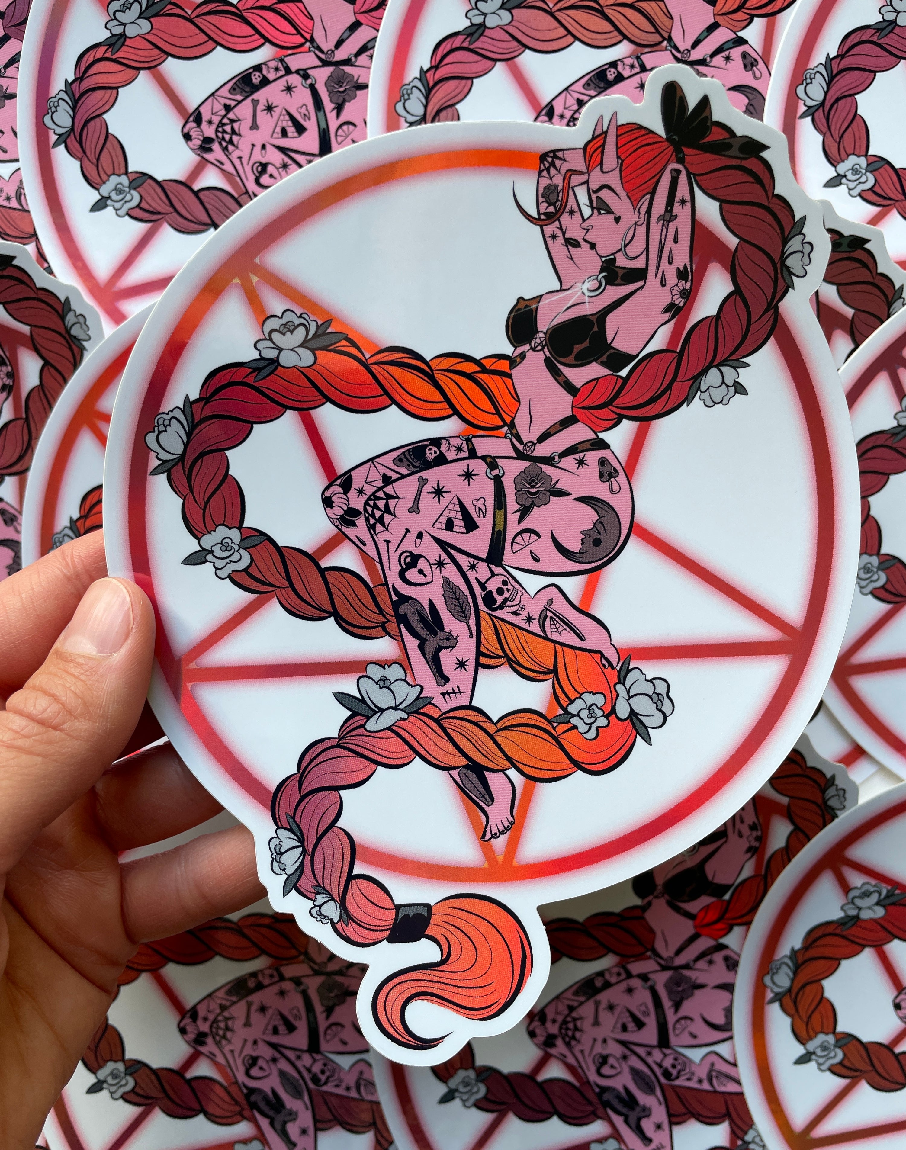tattooed devil girl and pentagram jumbo holographic sticker by bloodknotcollective