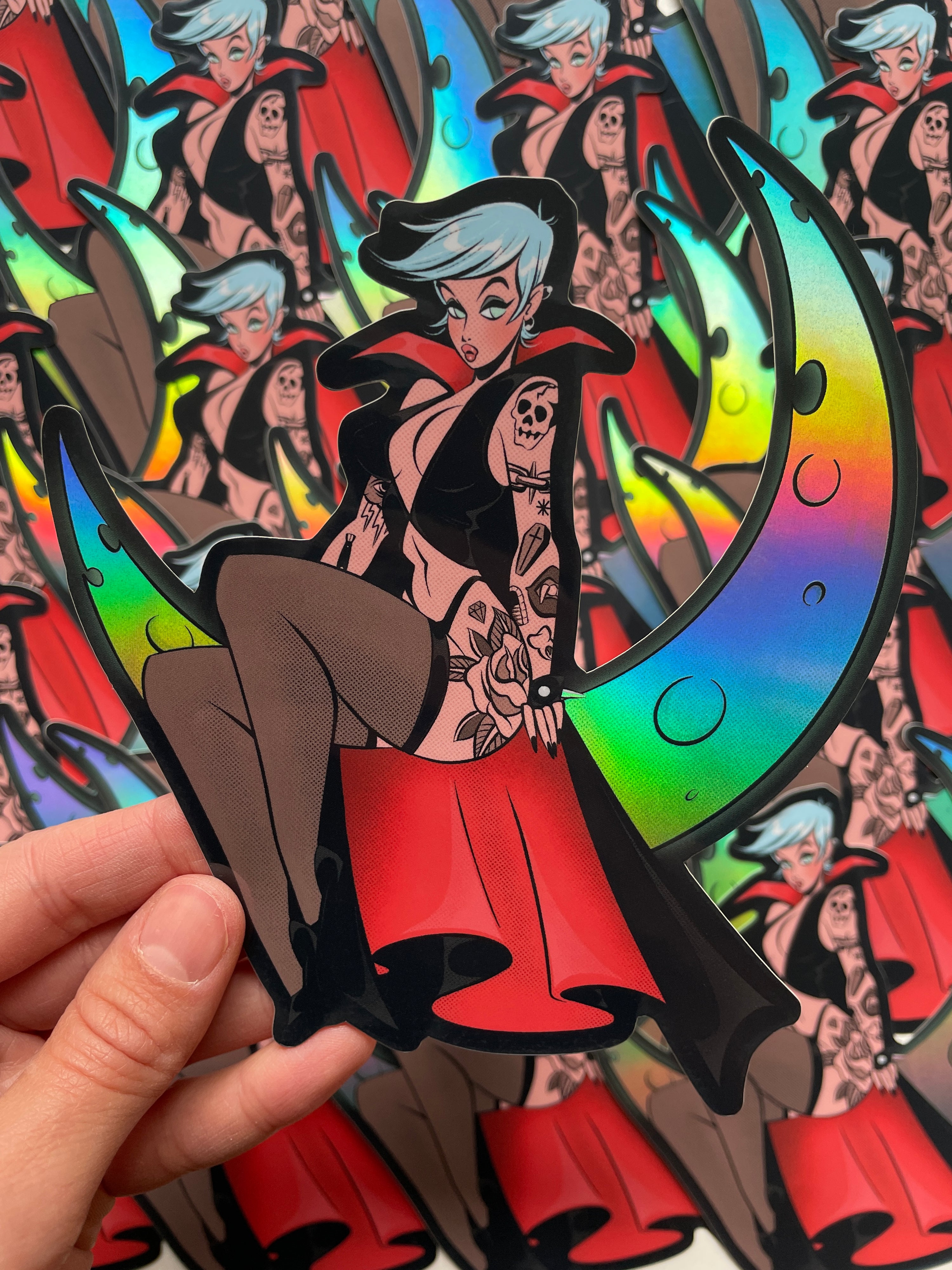 tattooed witch sitting on moon jumbo holographic sticker by bloodknotcollective