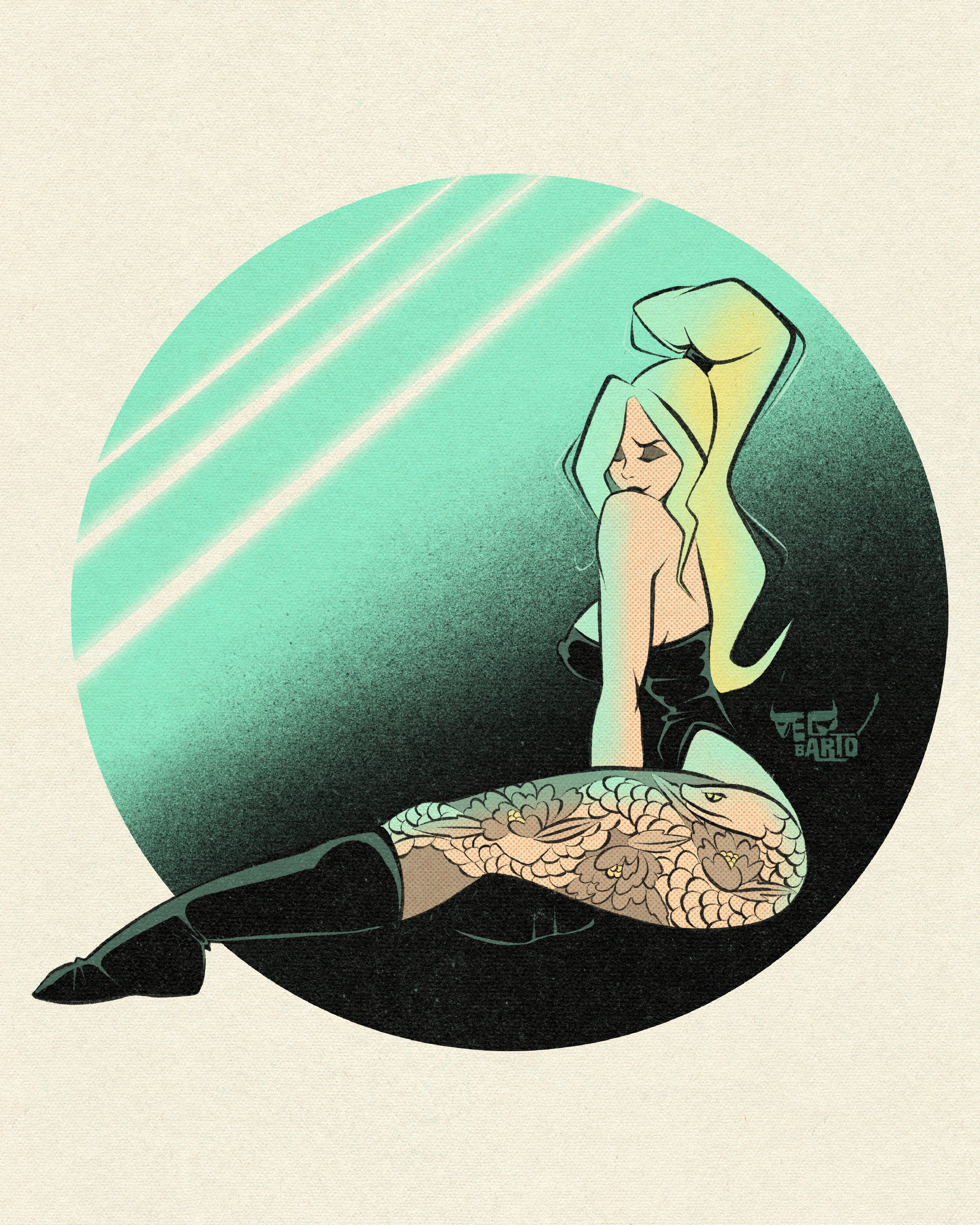 neon pinup print with woman with tattoos