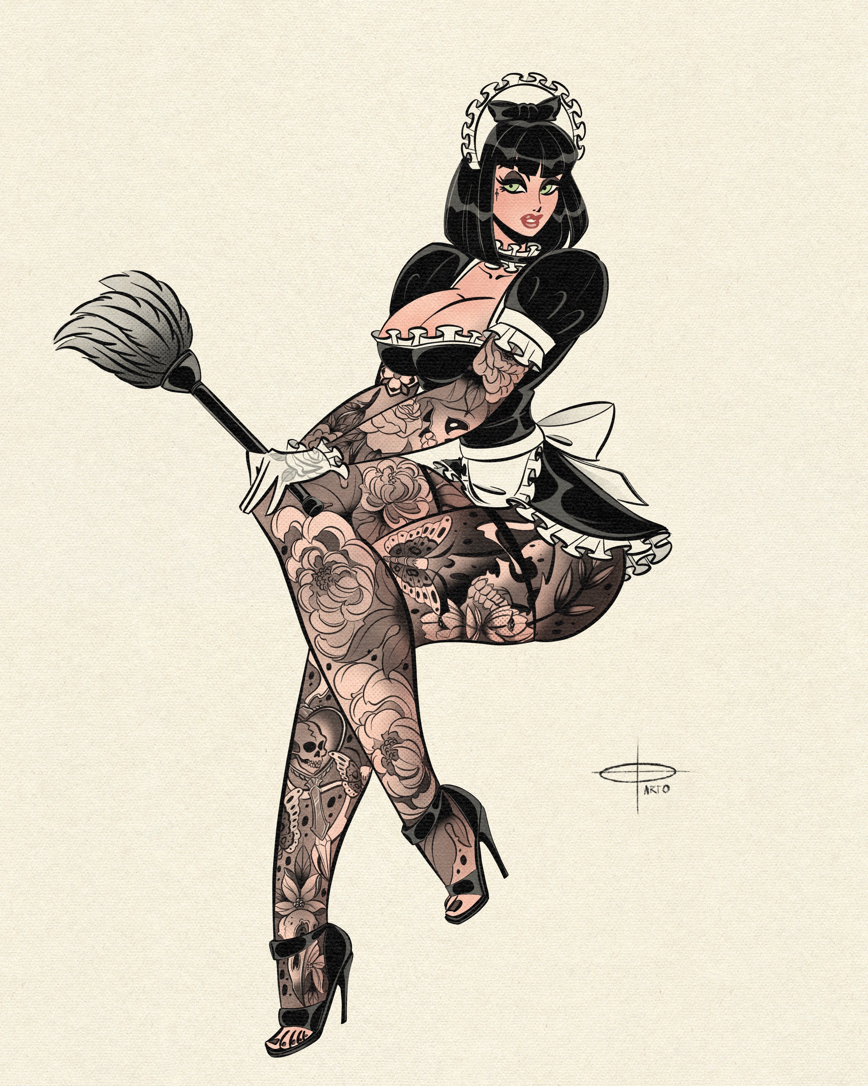 Neotrad maid print of female maid with neotraditional tattoos by Bloodknotcollective