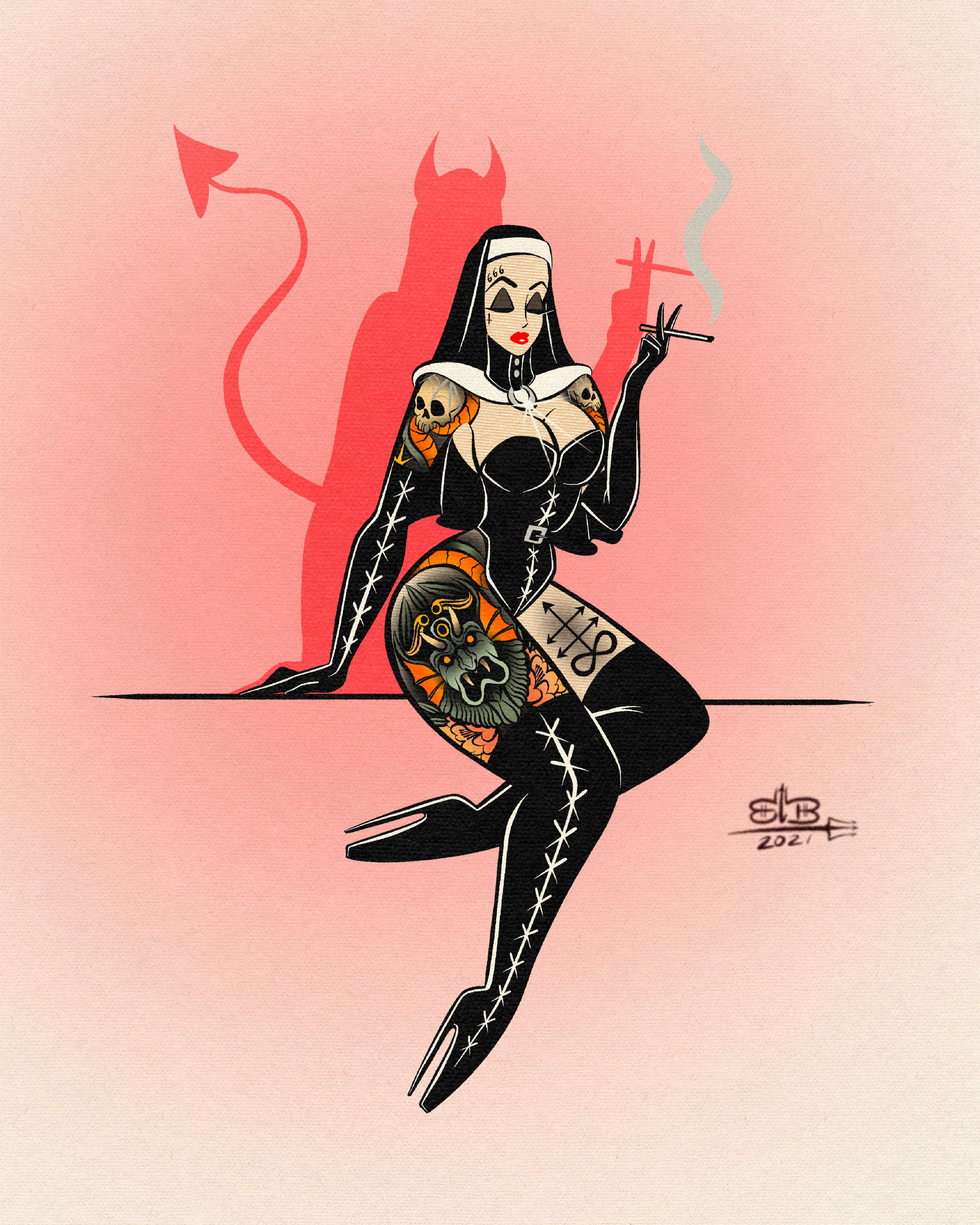 nun print of satanic nun with neotraditional tattoos and devil shadow