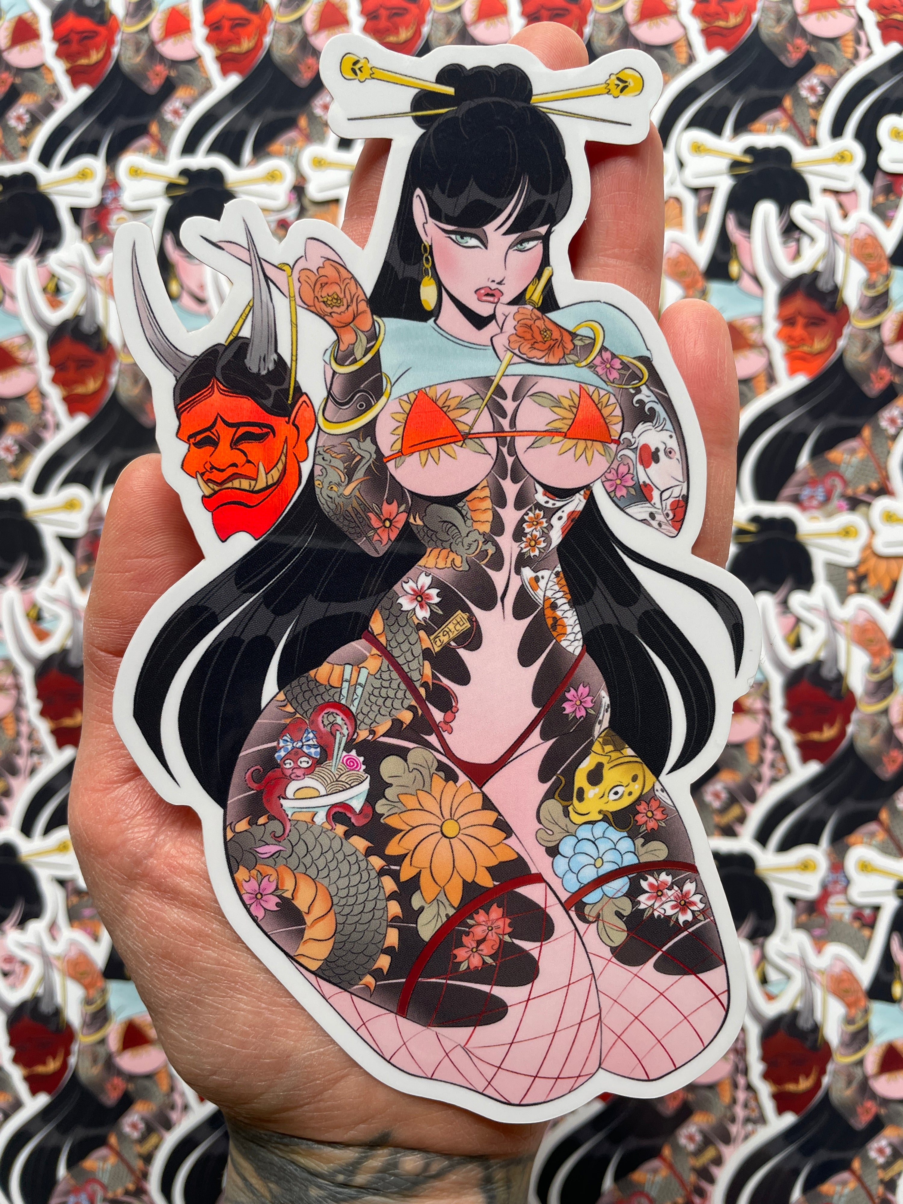 asian woman with tattoos holding hannya mask holographic vinyl jumbo sticker by bloodknotcollective