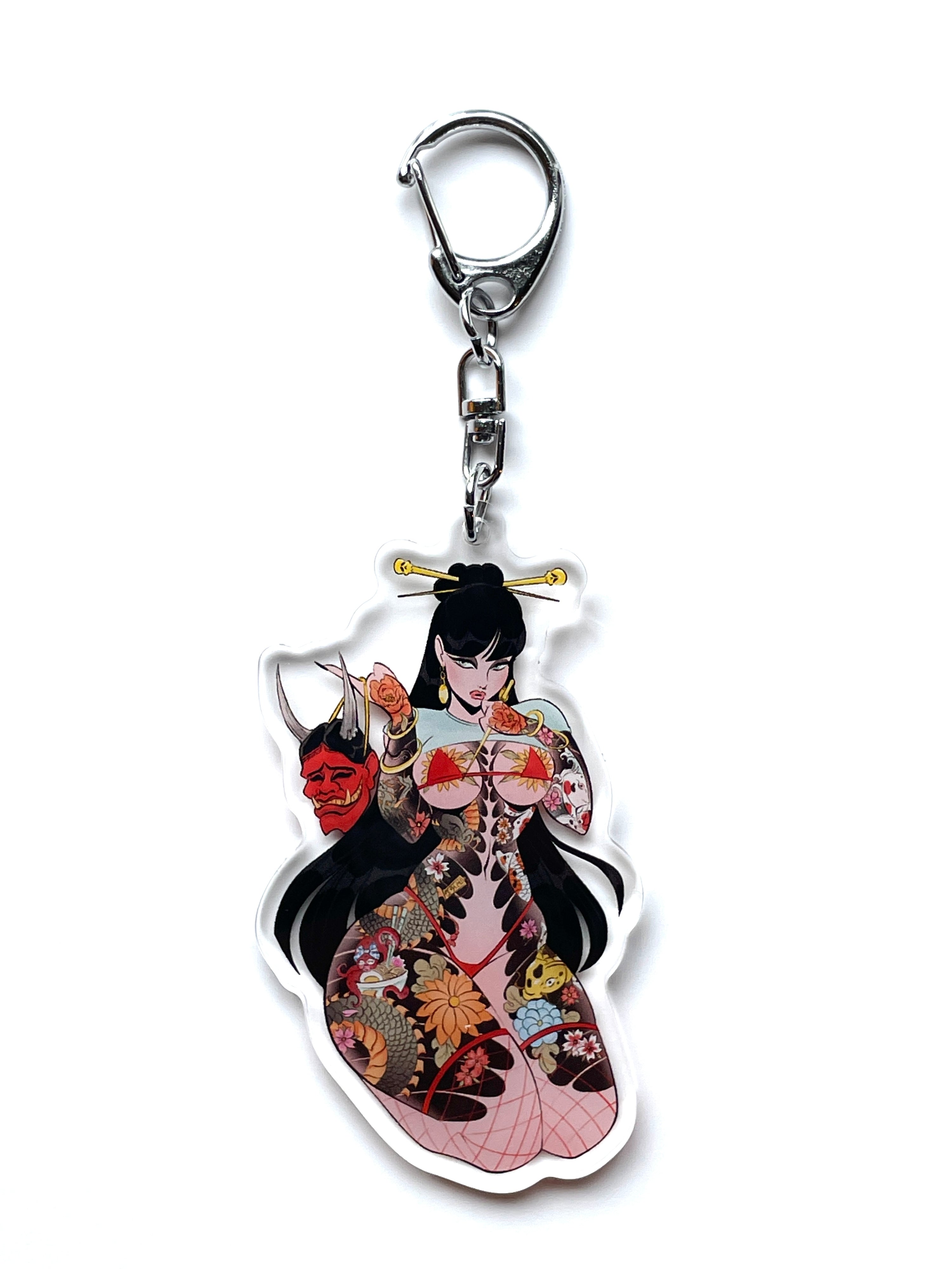 tattooed asian pinup with hannya mask clear acrylic keychain by bloodknotcollective