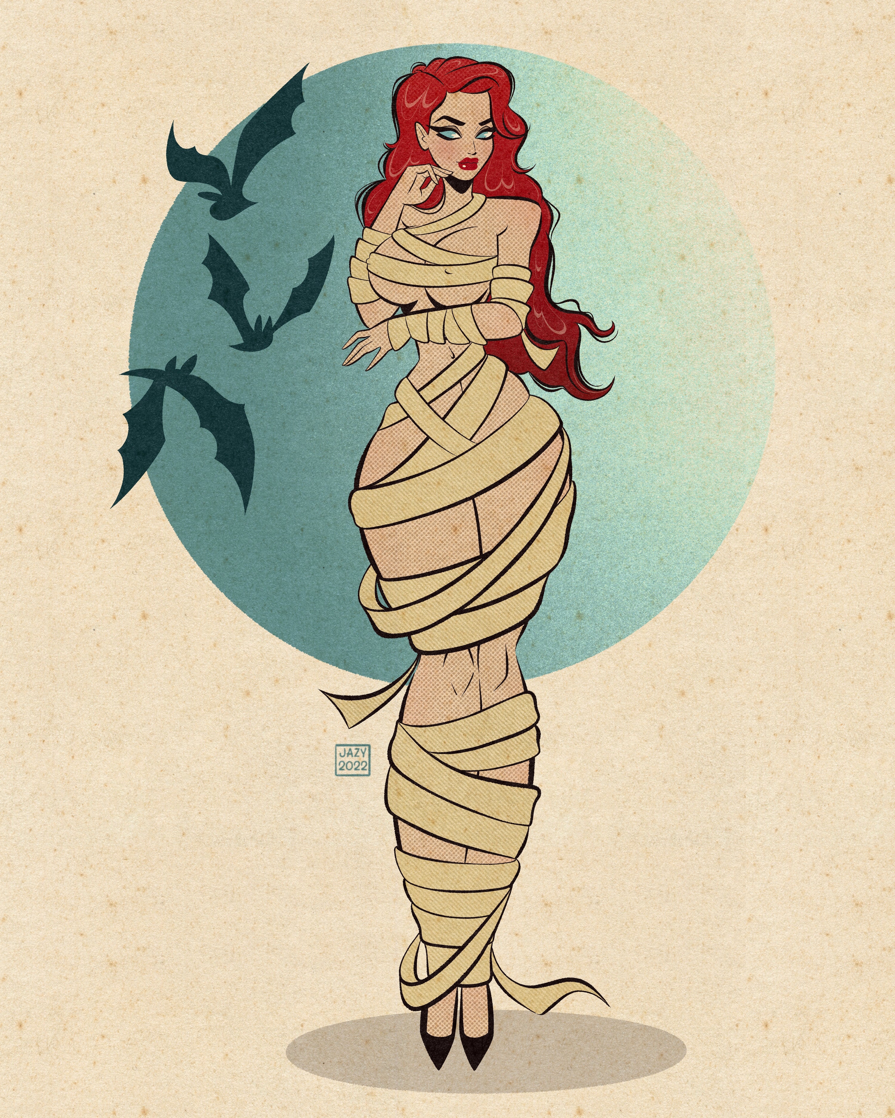 Red head mummy print of woman dressed as mummy by bloodknotcollective.