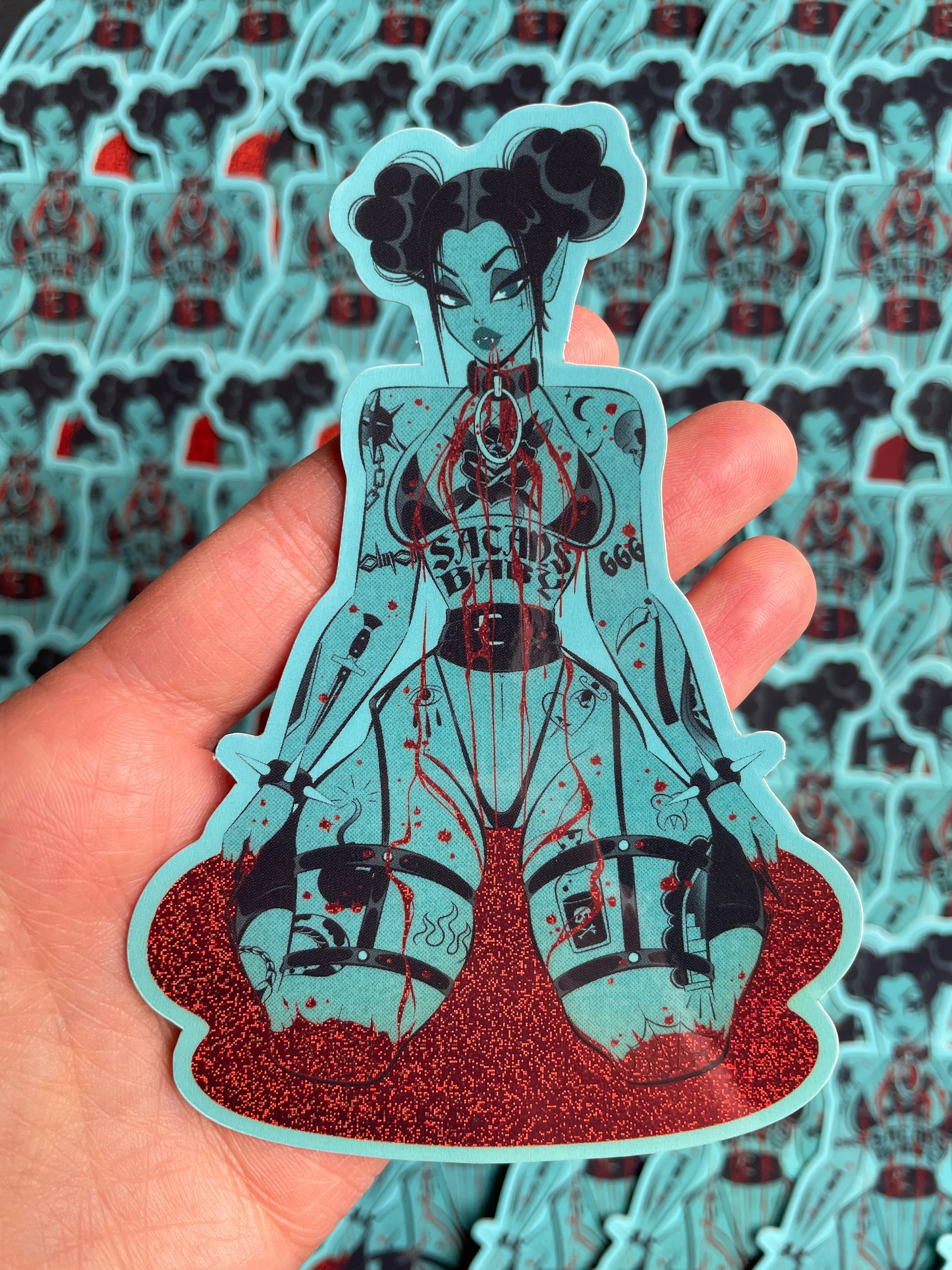satanic girl with tattoos and blood pixie dust glitter vinyl sticker by bloodknotcollective