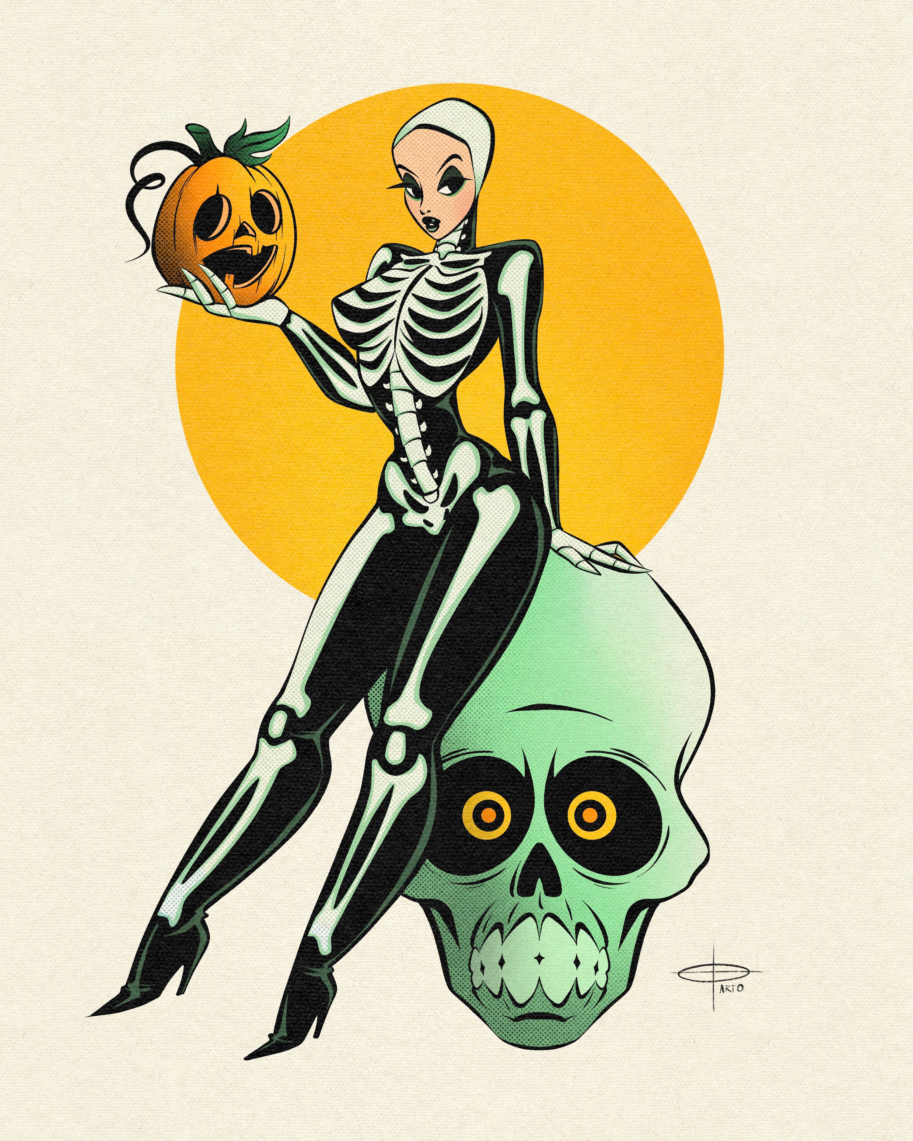 Skeleton and skull print with woman in skeleton outfit sitting on skull holding pumpkin by bloodknotcollective.
