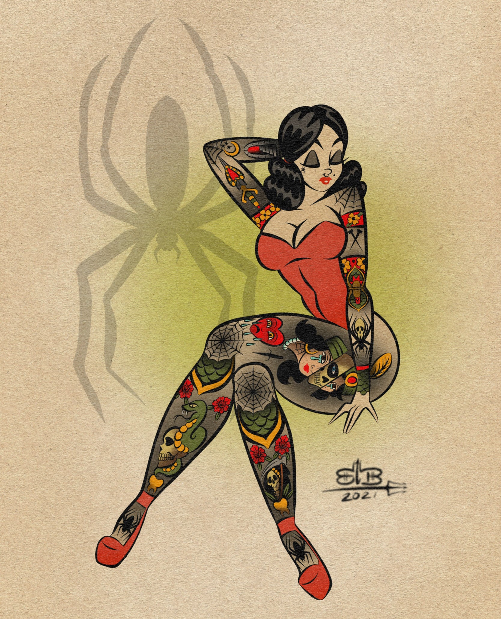 spider shadow print pinup with tattoos.