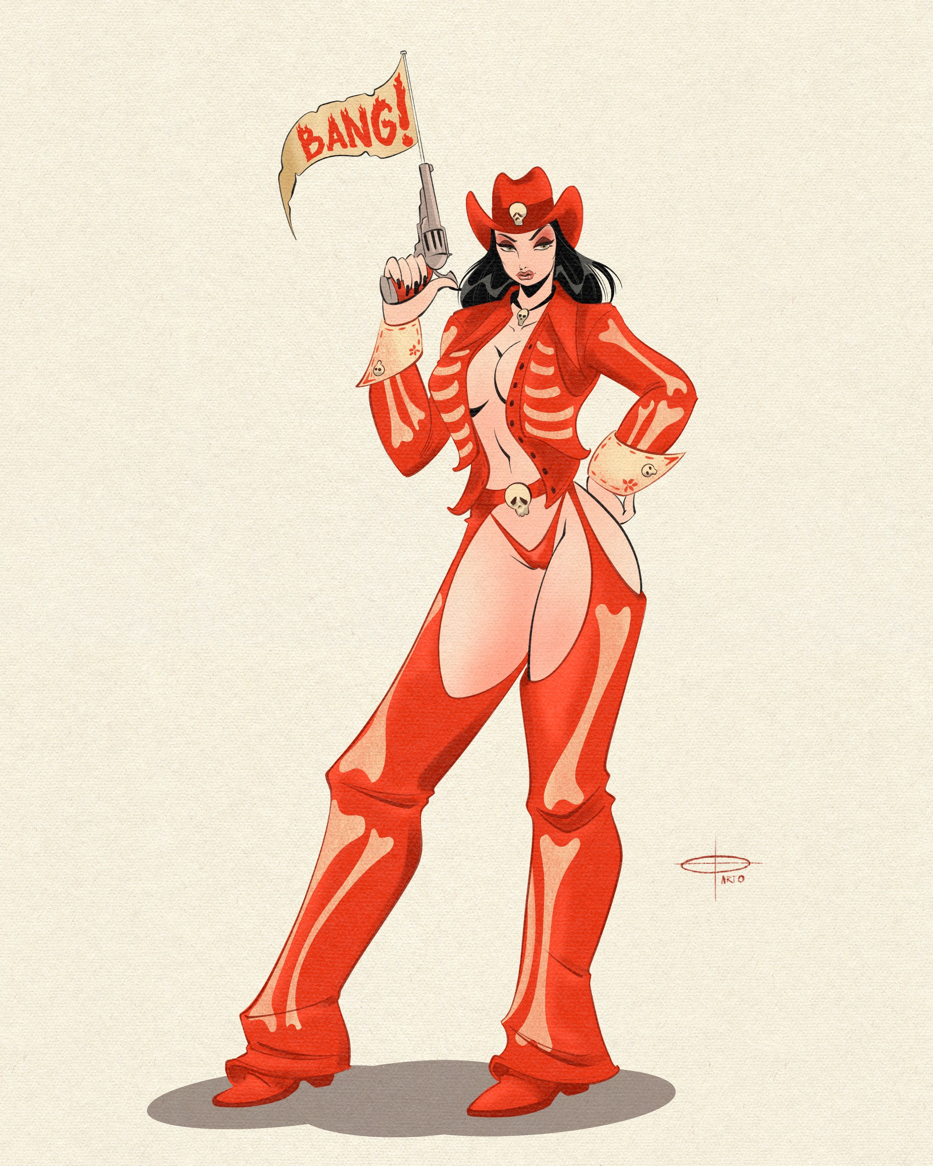 stick em up print of cowgirl wearing skeleton outfit by bloodknotcollective