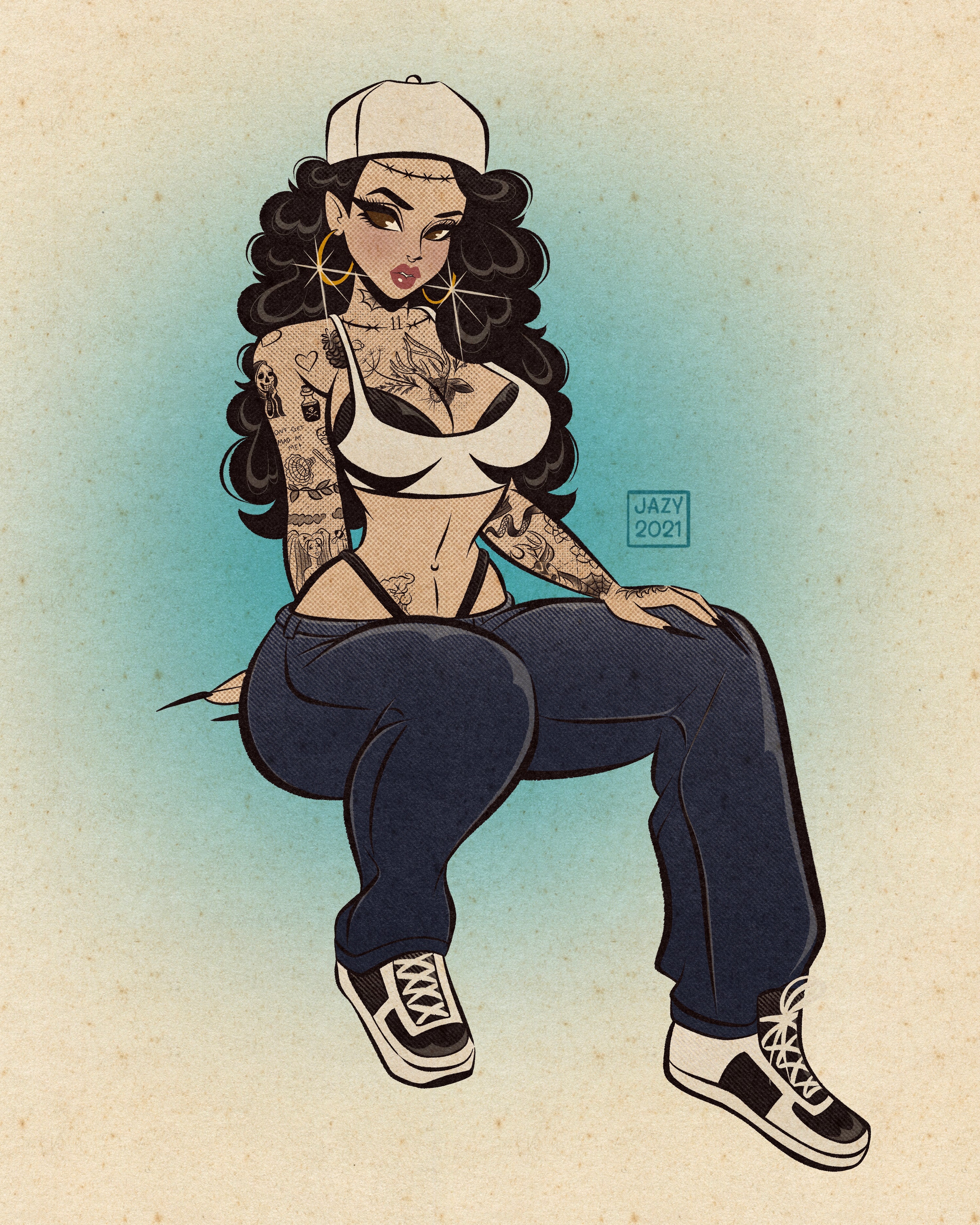 Supersick pinup print with tattoos.