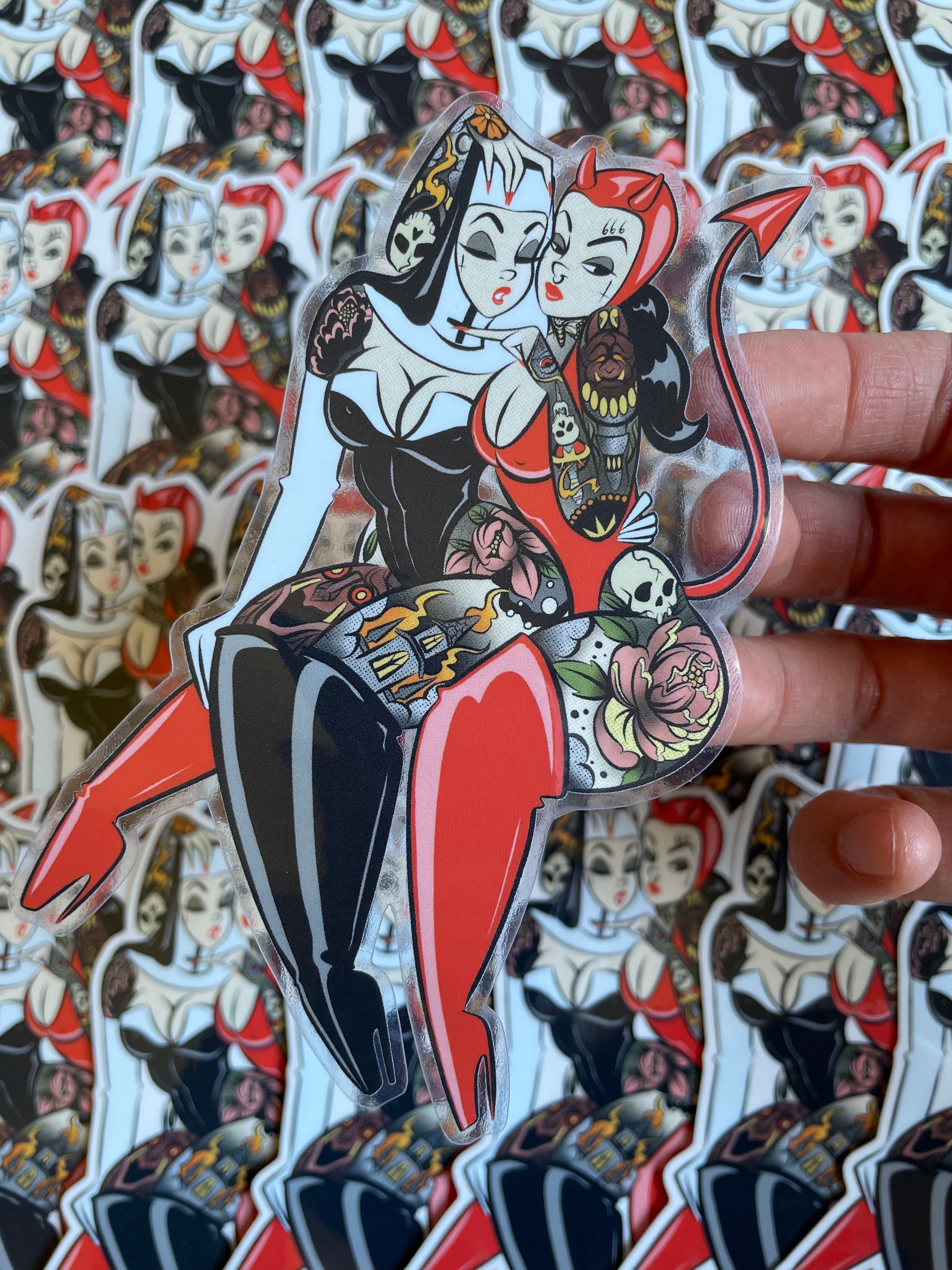 wicked ladies sticker of tattooed devil and nun by bloodknotcollective