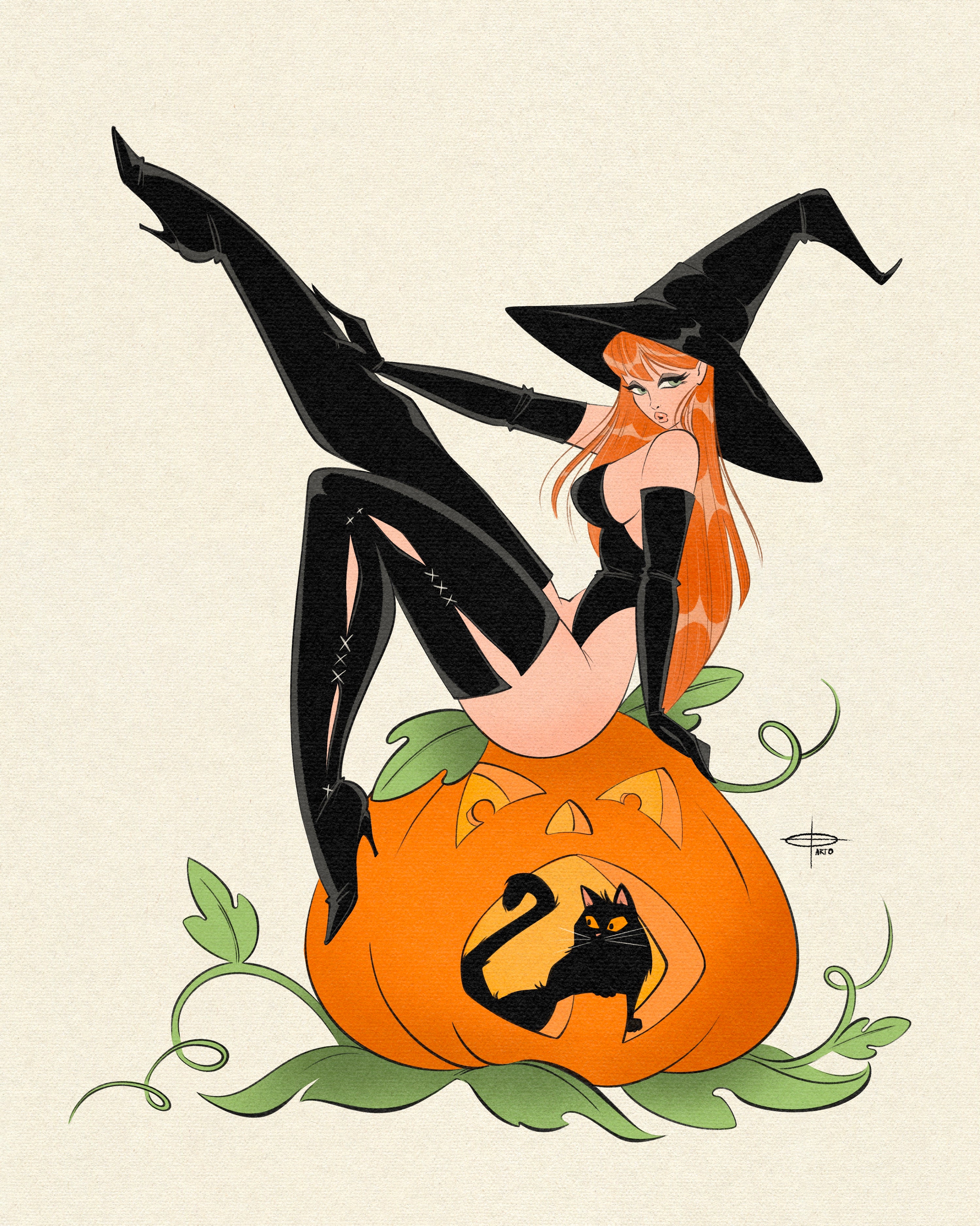 witch sitting on pumpkin with cat inside print