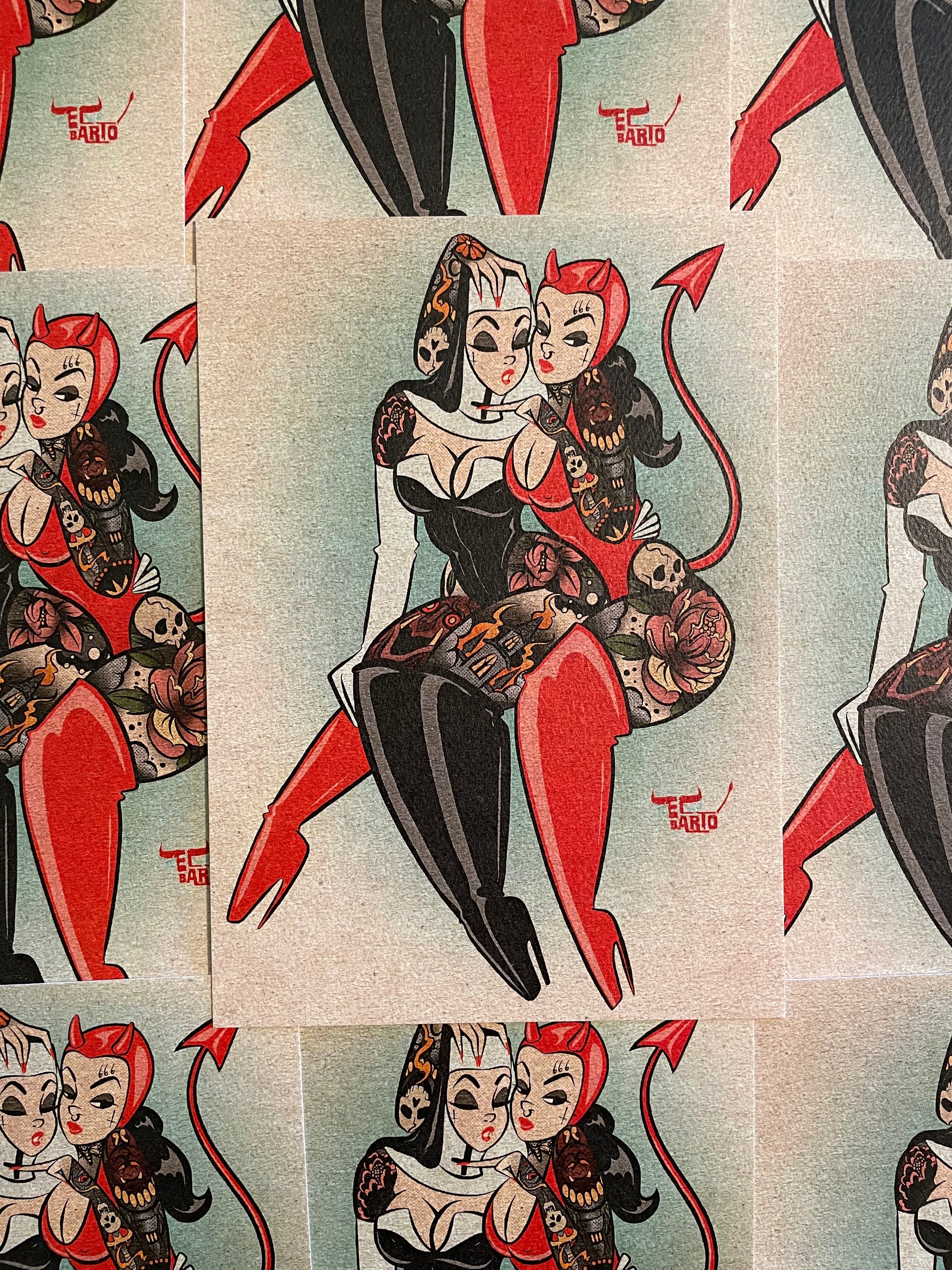 5x7 inch wicked ladies print of tattooed devil and nun on felt paper by bloodknotcollective