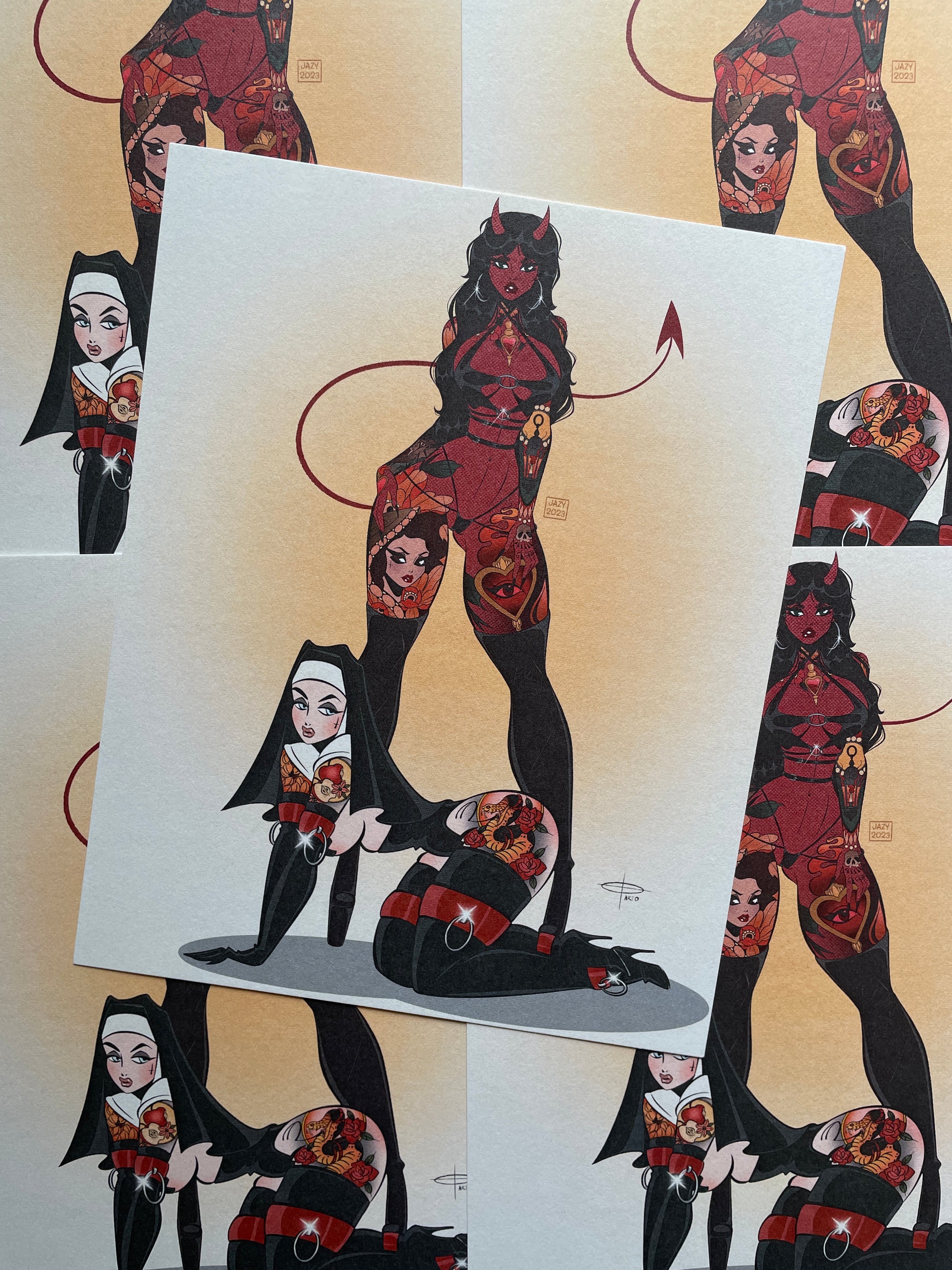 devil and nun with tattoos print by bloodknotcollective