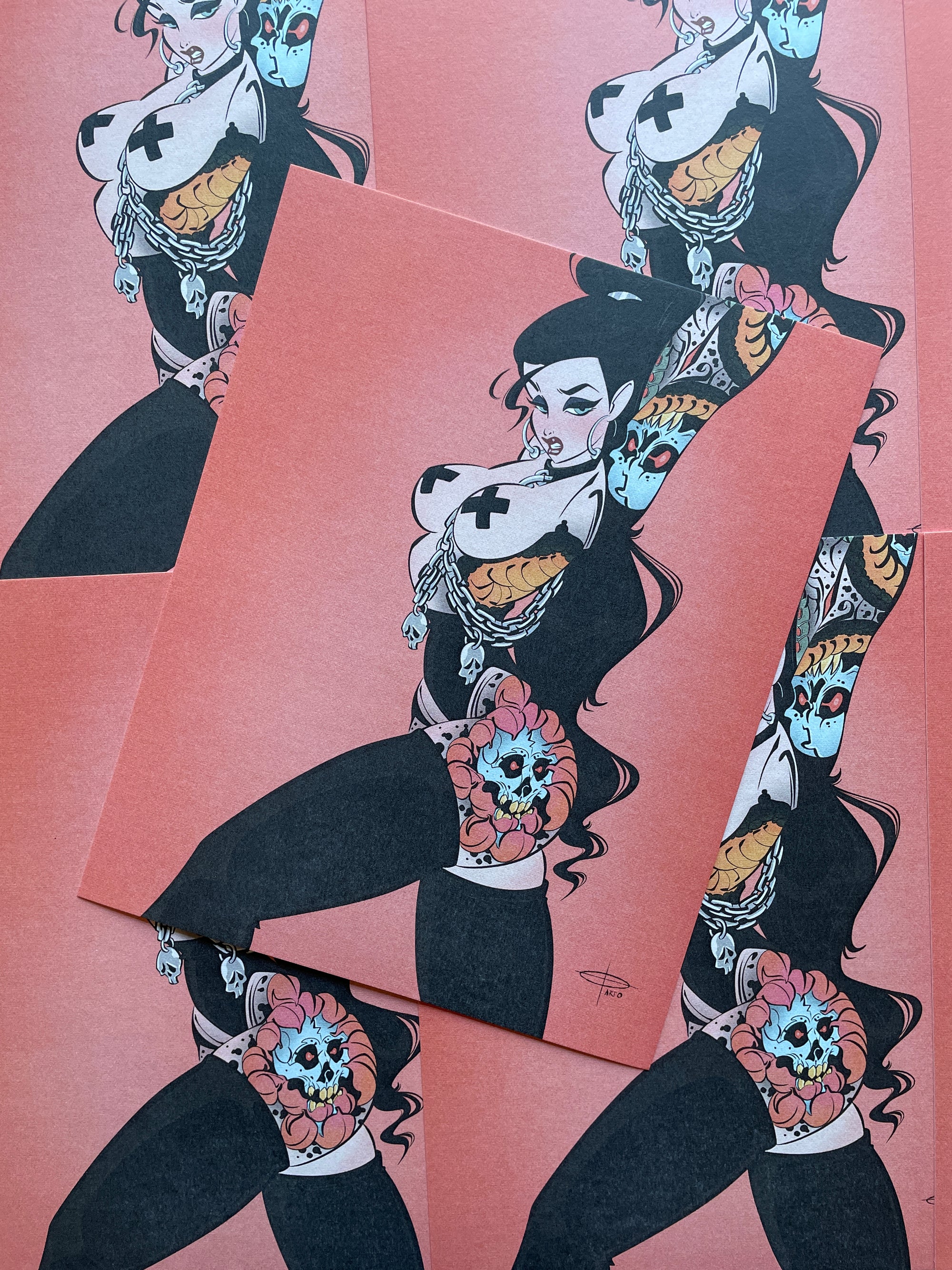 fetish skulls print of woman with skull chains and tattoos by bloodknotcollective