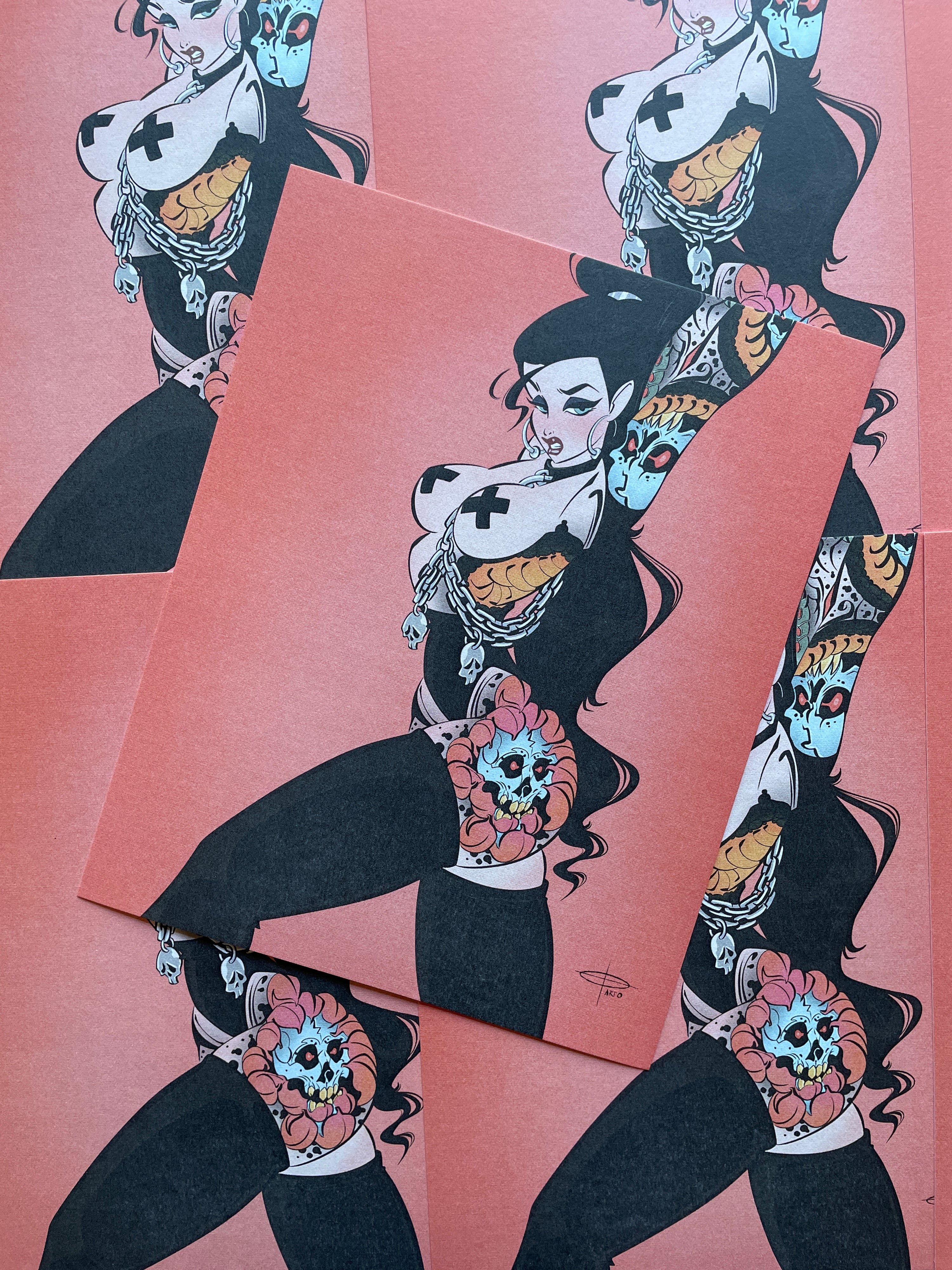 fetish skulls print of woman with skull chains and tattoos by bloodknotcollective