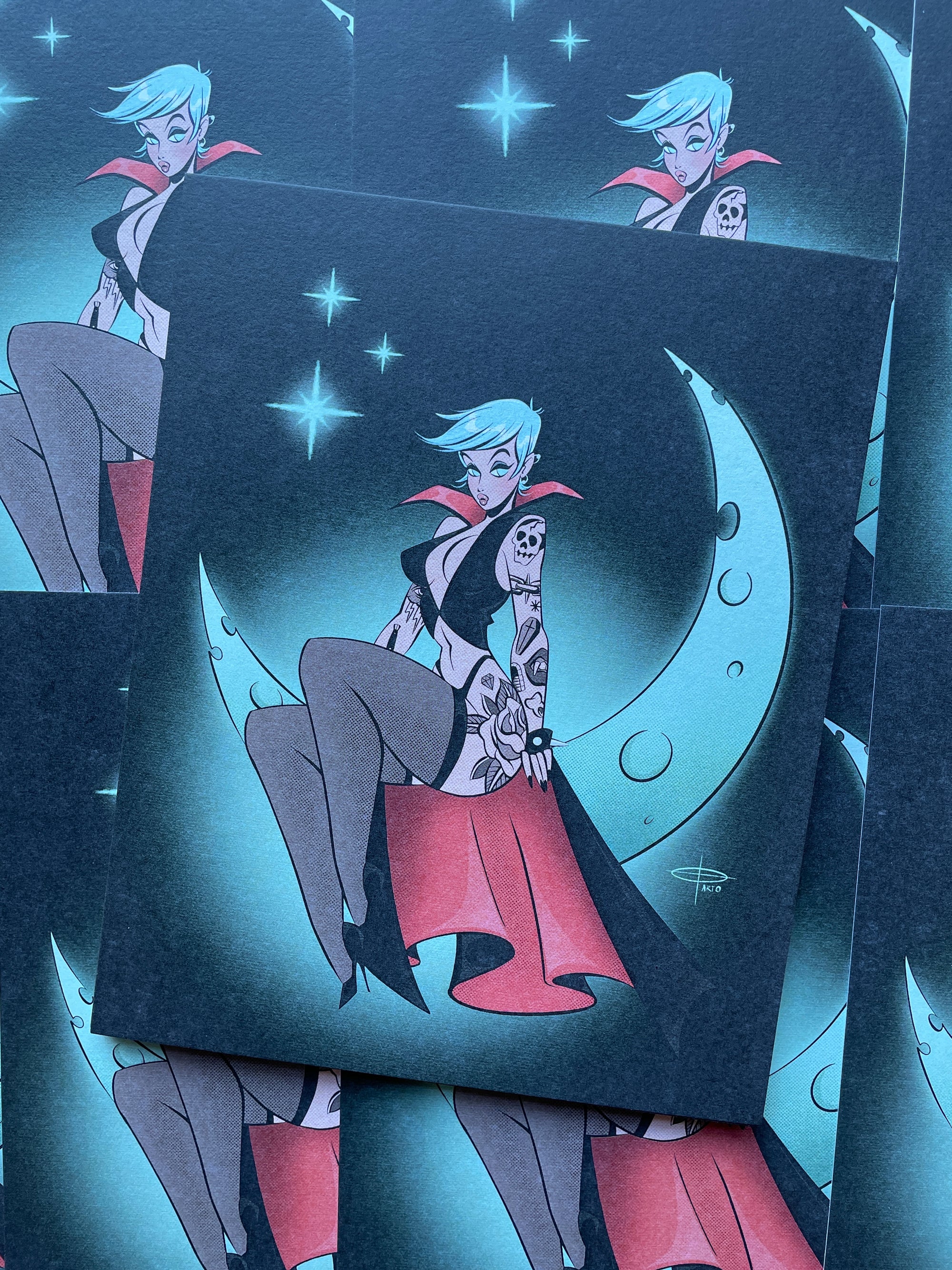 witch on moon with tattoos by bloodknotcollective