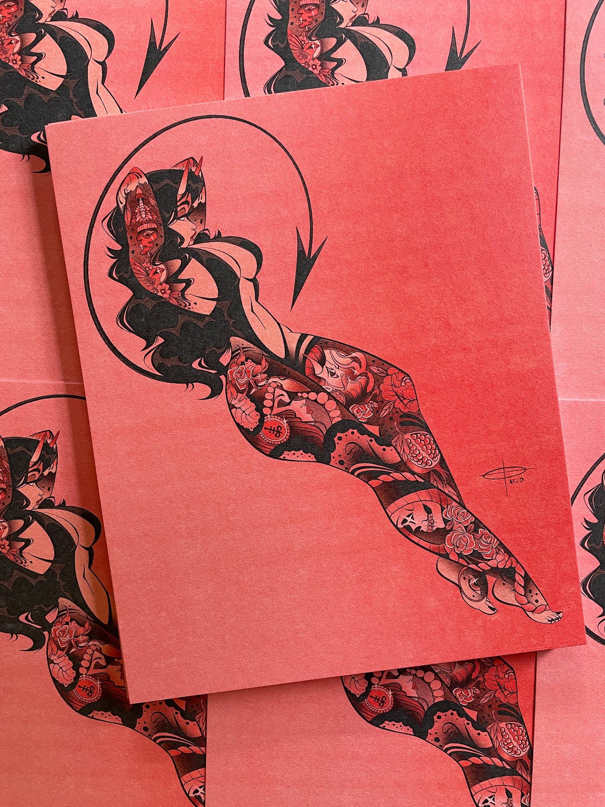 pink neotrad devil print with tattoos by bloodknotcollective