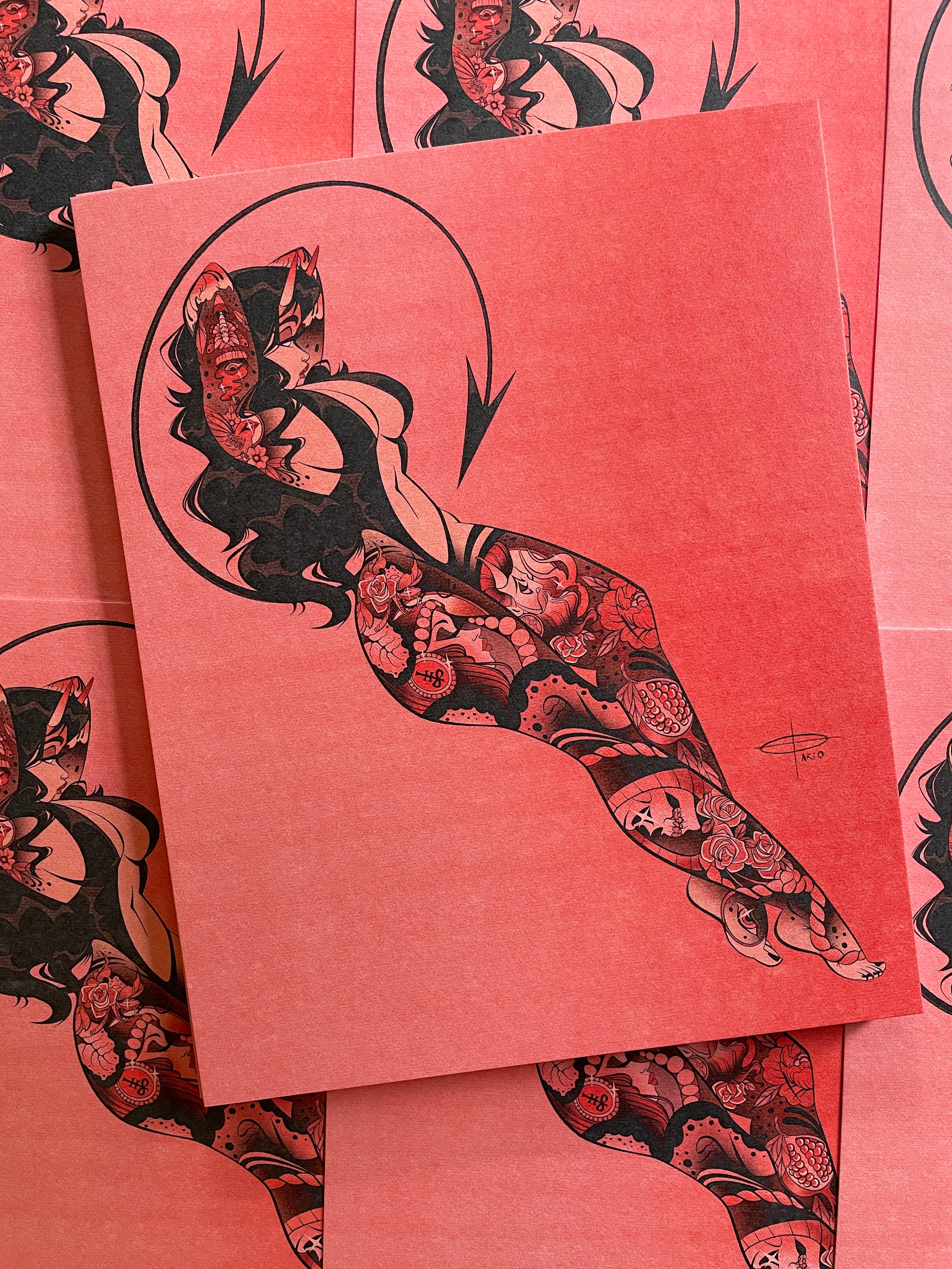pink neotrad devil print with tattoos by bloodknotcollective
