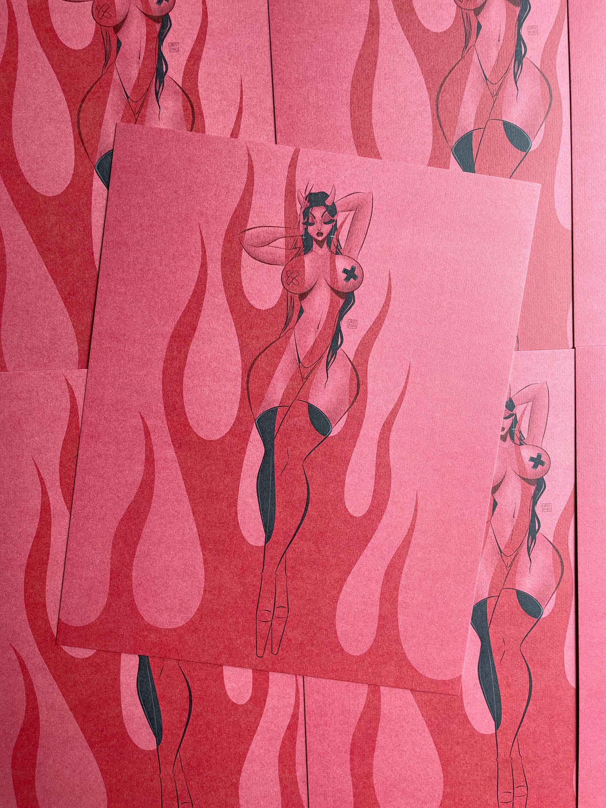 devil with flames print of curvy devil woman and flames by bloodknotcollective
