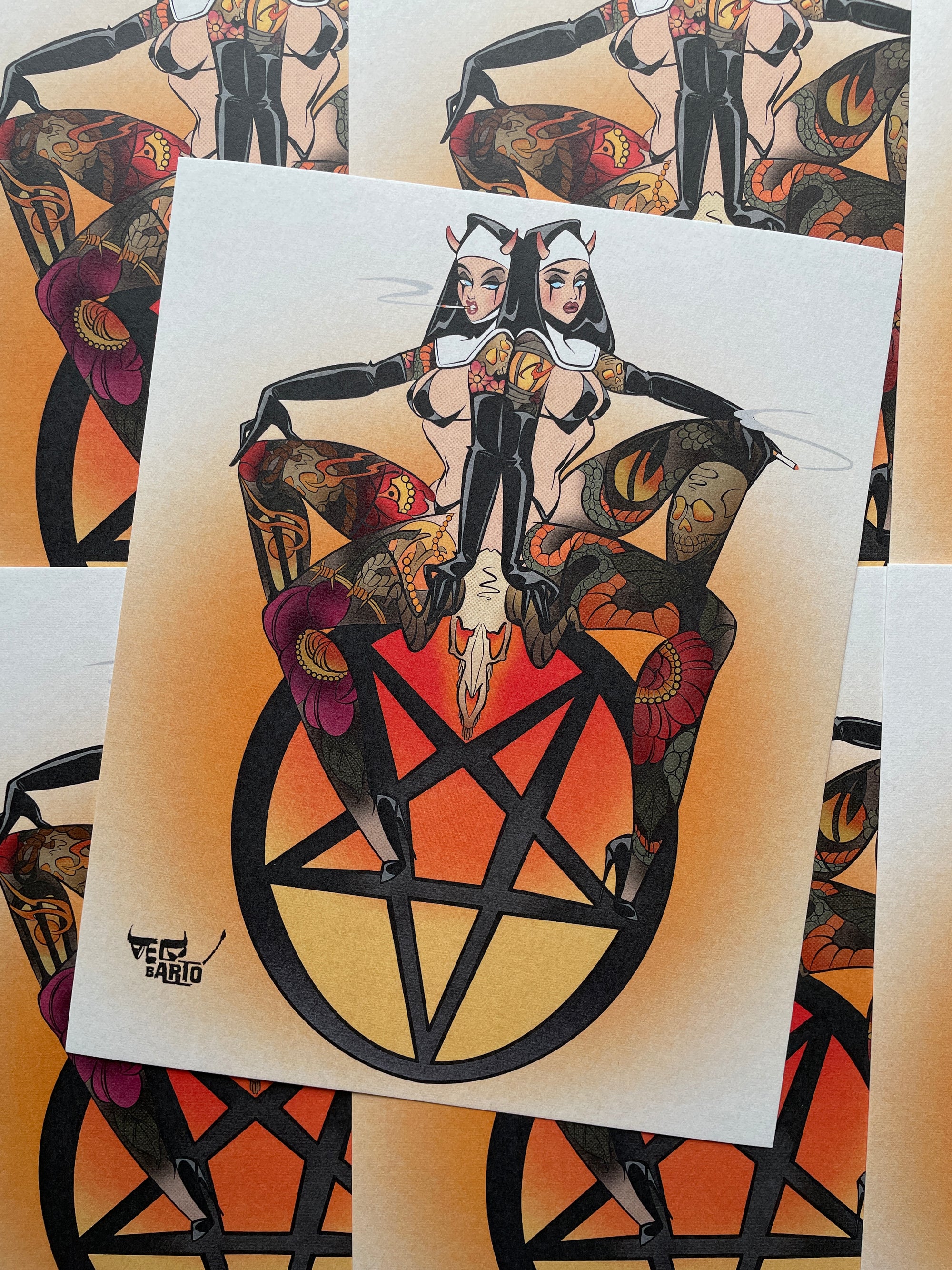 sweet 666 print of two tattooed nuns on pentagram by bloodknotcollective
