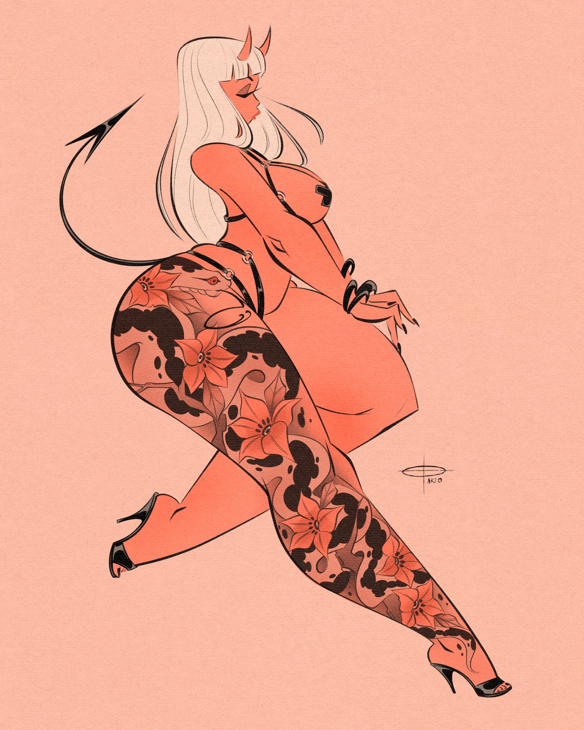 curvy tattooed devil with tattooed snake print