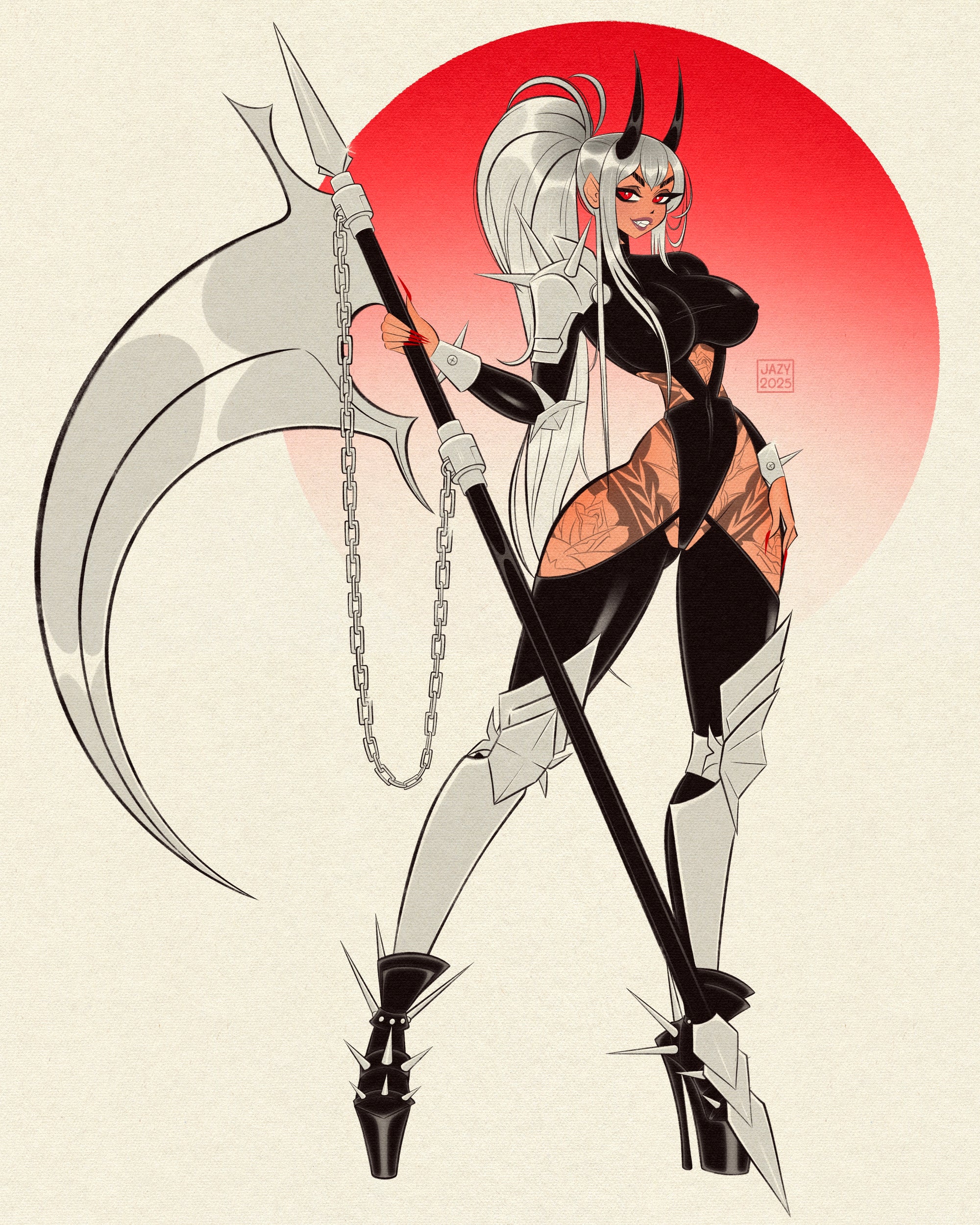 goddess of underworld print with tattoos and scythe by bloodknotcollective