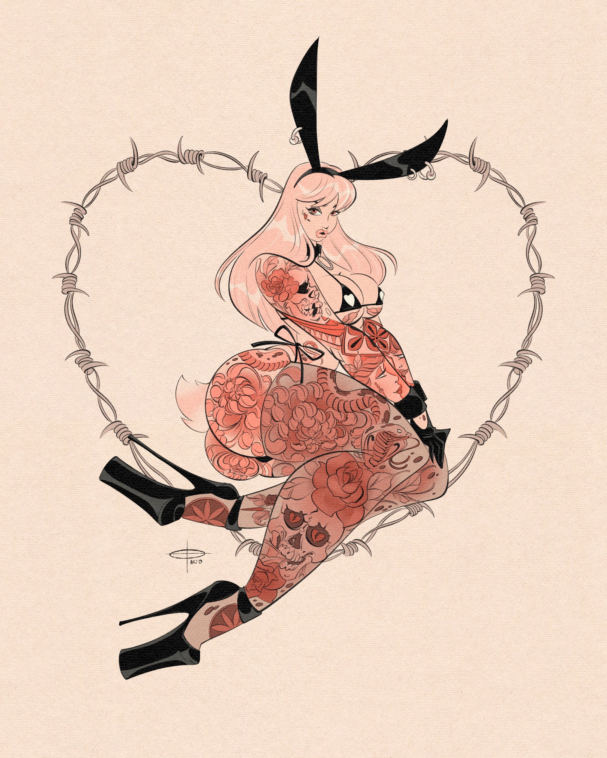 Gothicc bun bunz print of tattooed female bunny with heart barbwire by Bloodknotcollective
