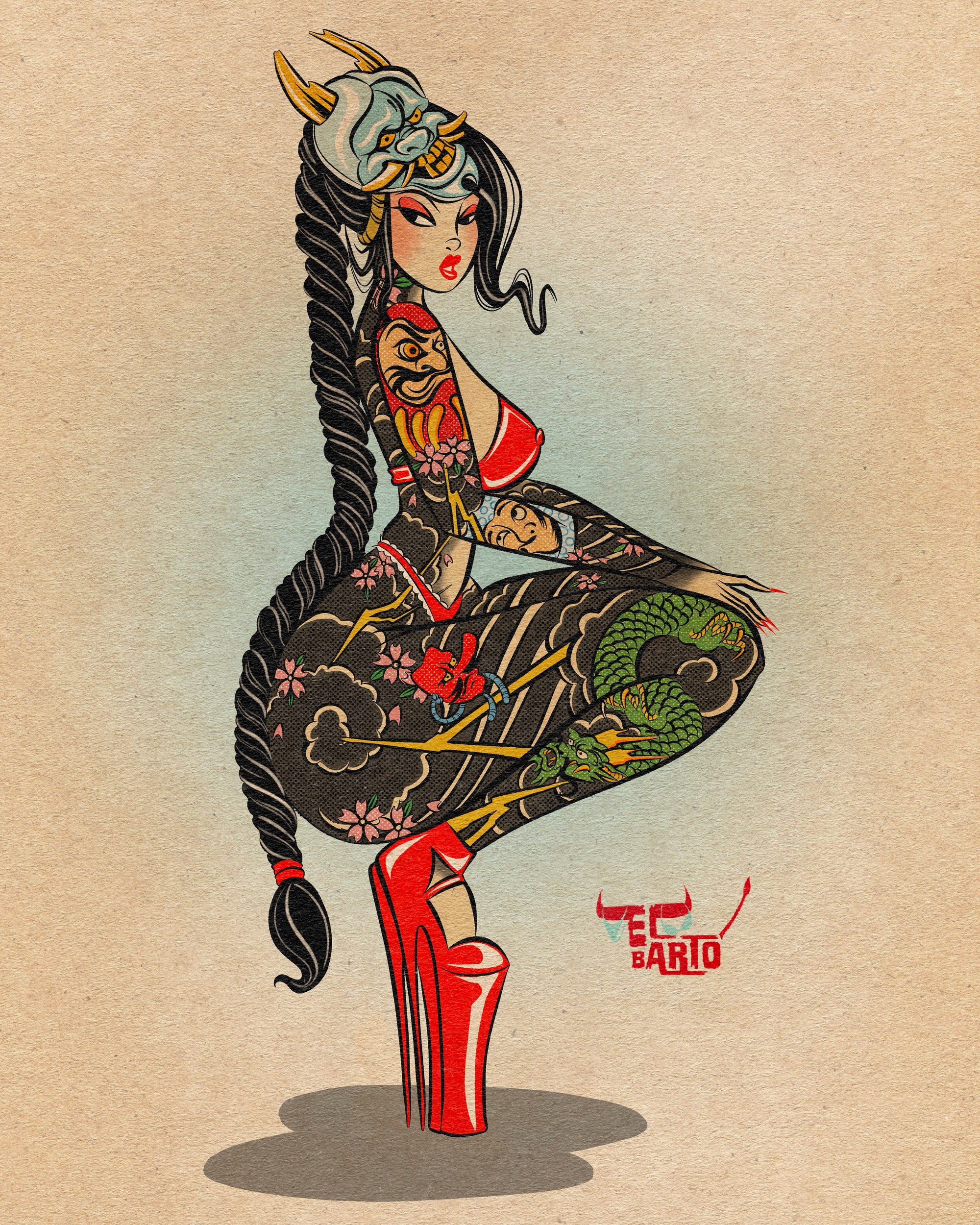 hannya pinup print with japanese tattoos and hannya mask
