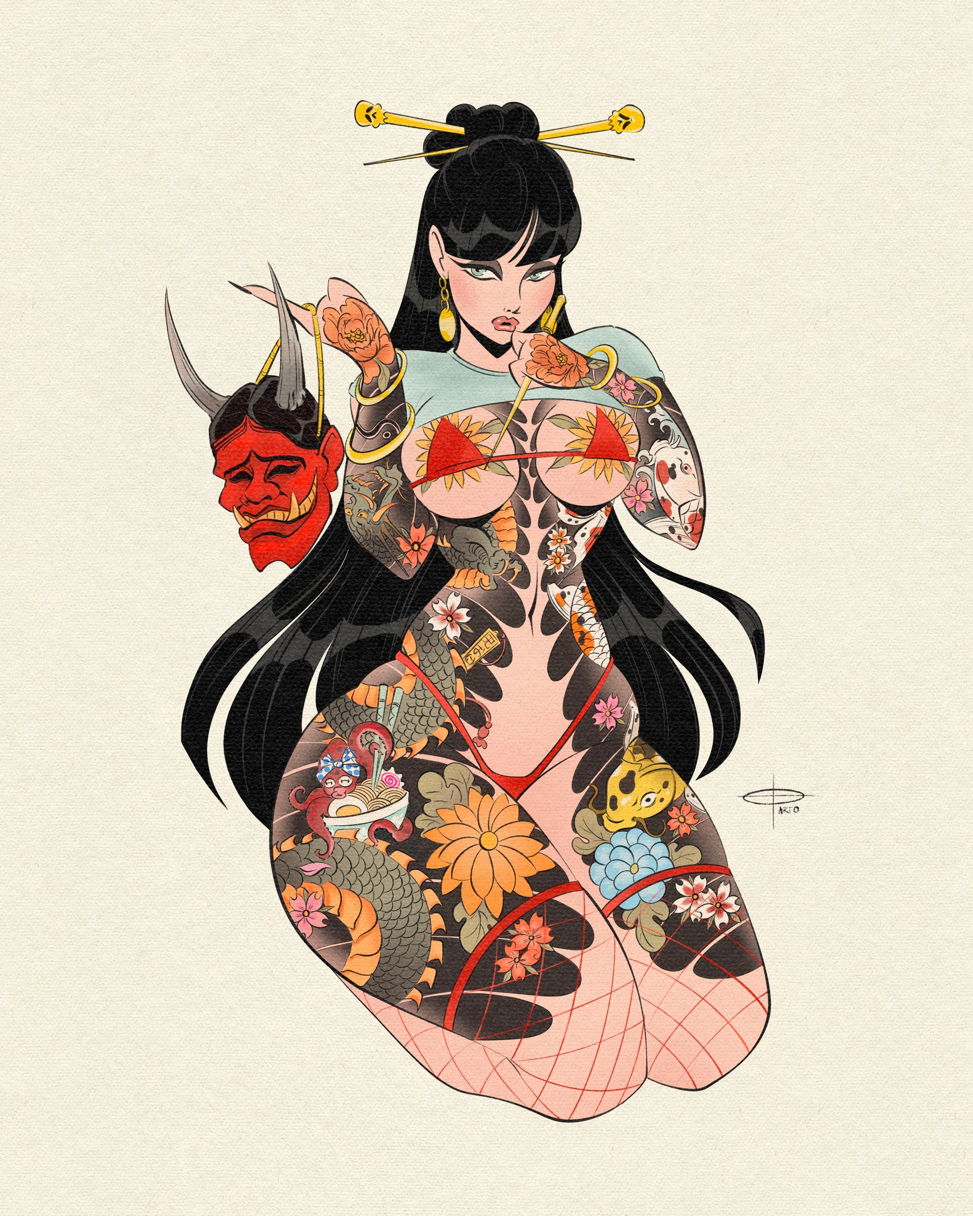 tattooed asian pinup with hannya mask by EL BARTO
