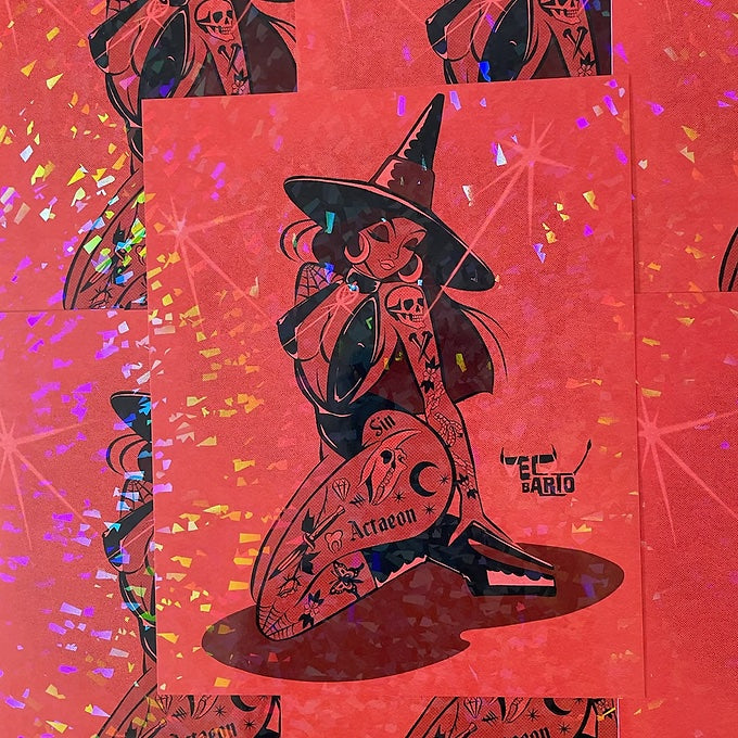 red witch with tattoos on holographic paper by bloodknotcollective