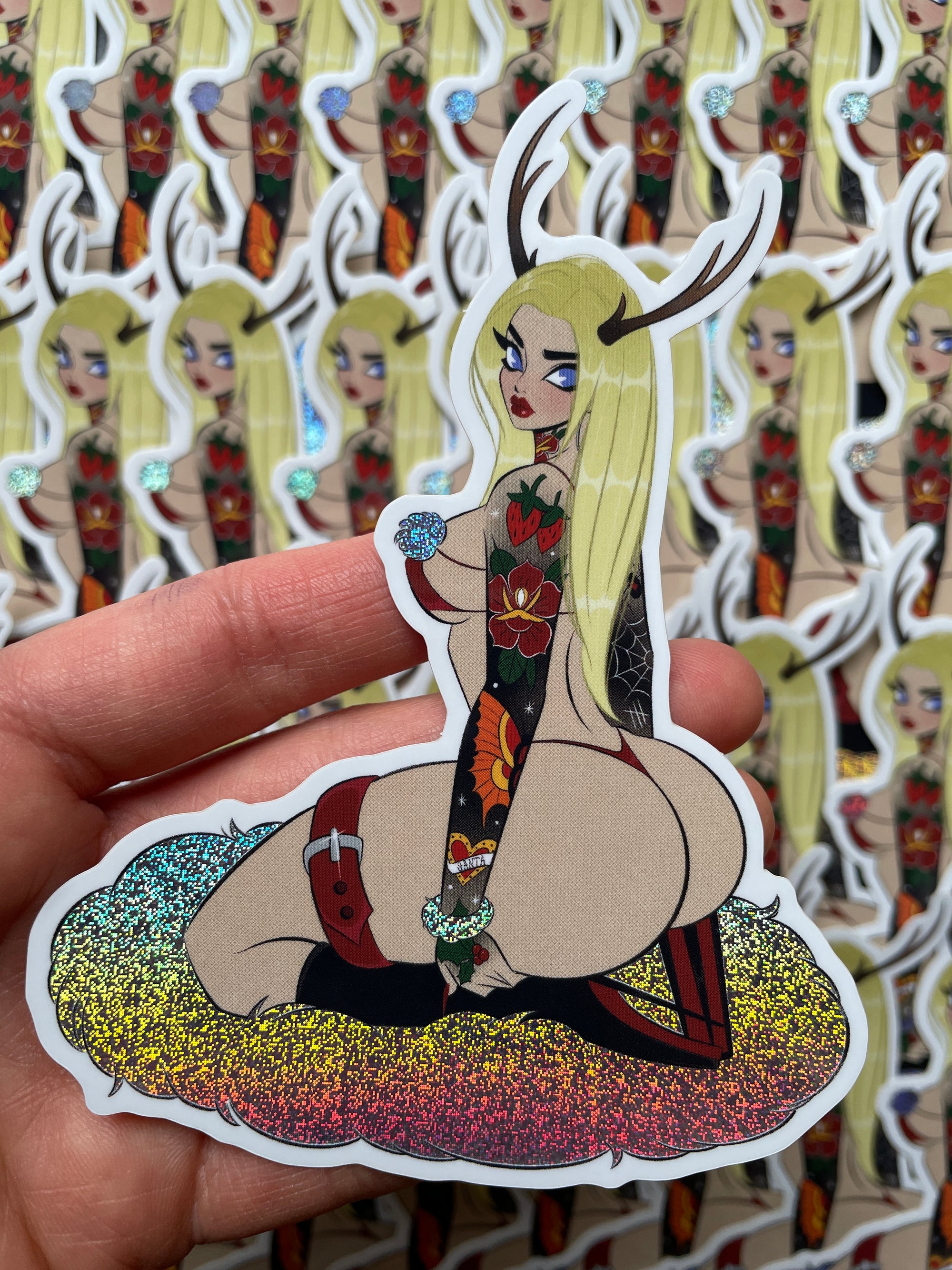 reindeer with tattoos pixie dust glitter vinyl sticker by bloodknotcollective
