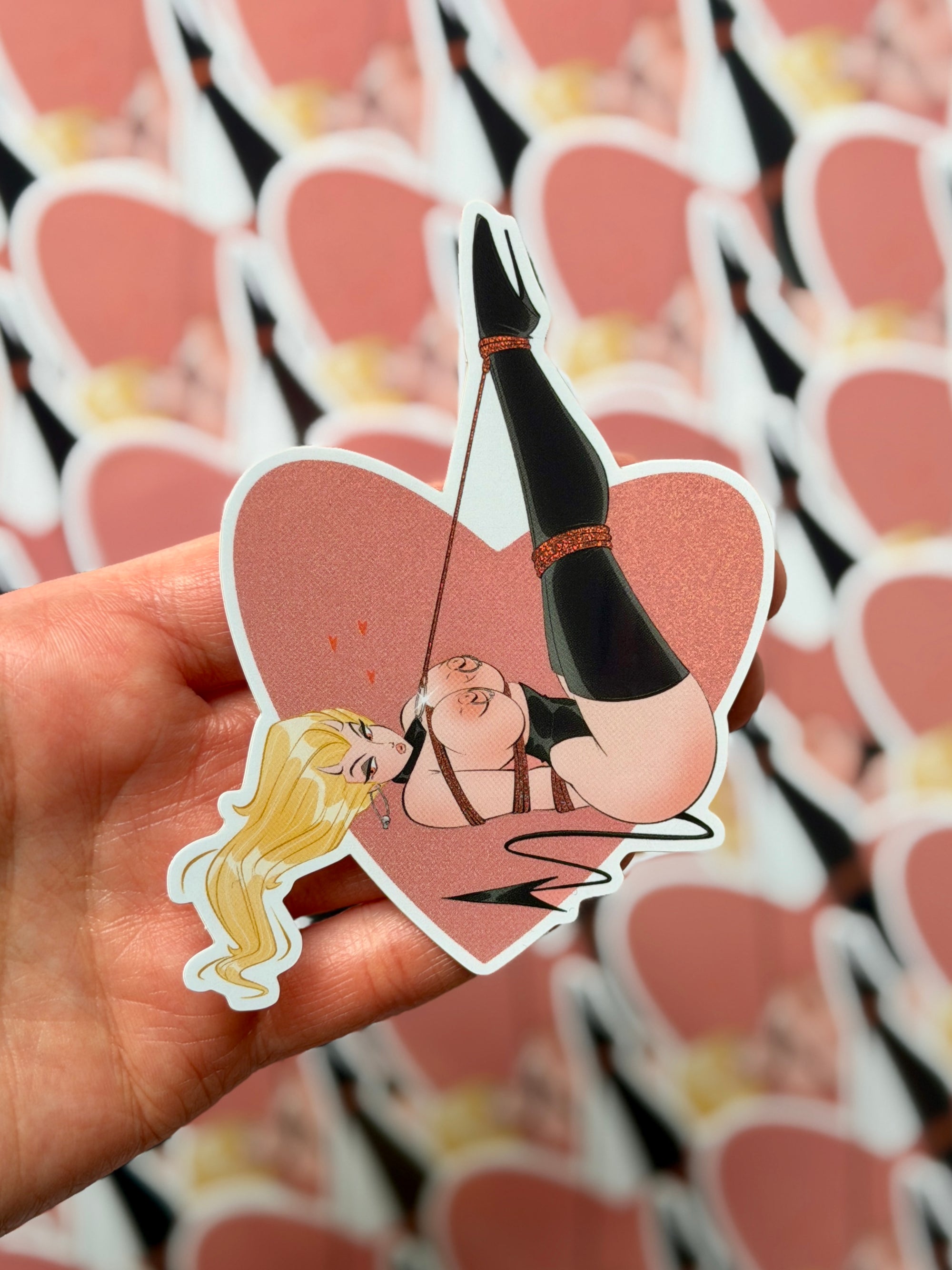 Valentine’s Day shibari glitter sticker with nude woman doing shibari