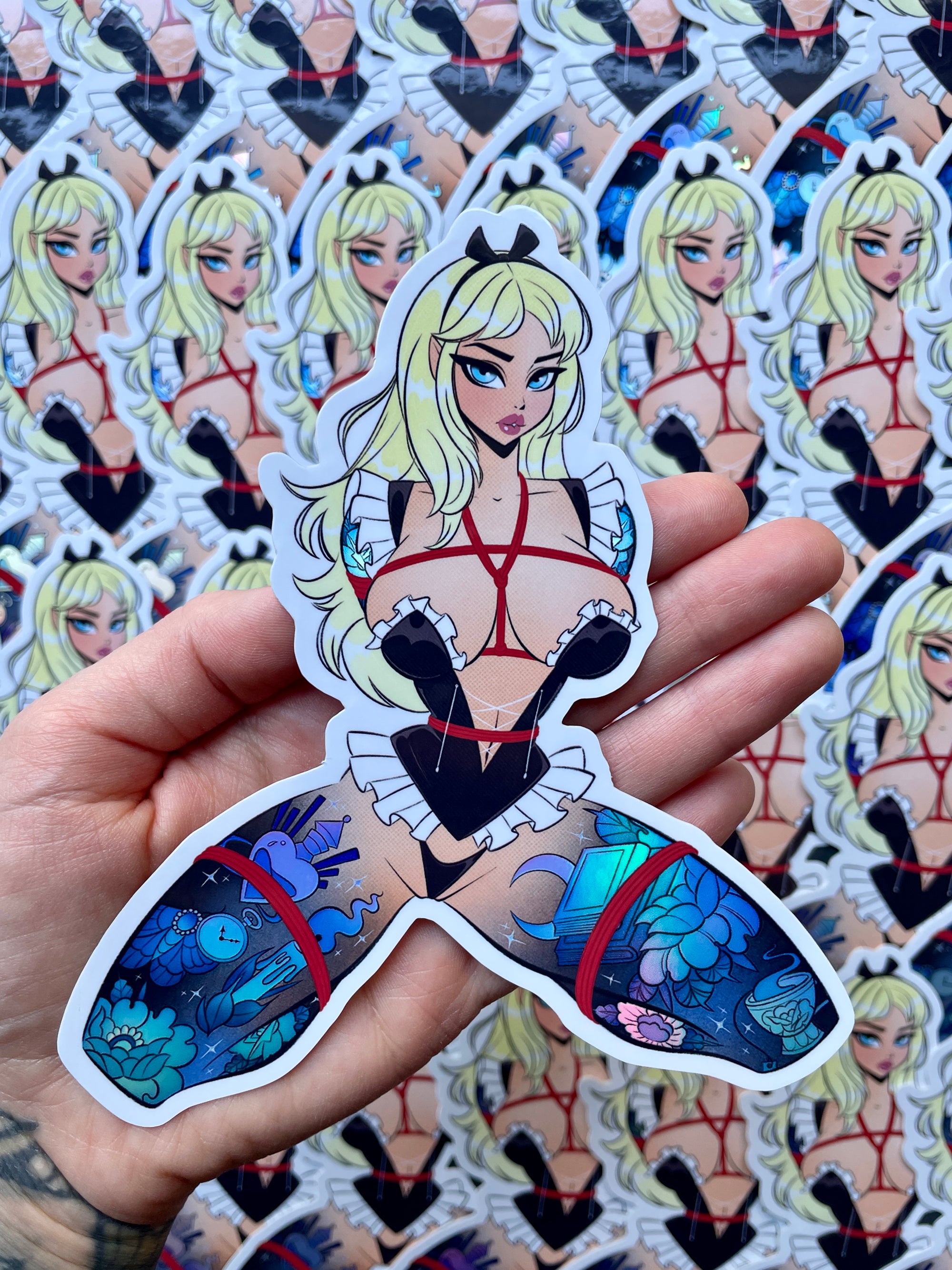 tattooed maid in shibari jumbo holographic vinyl sicker by bloodknotcollective