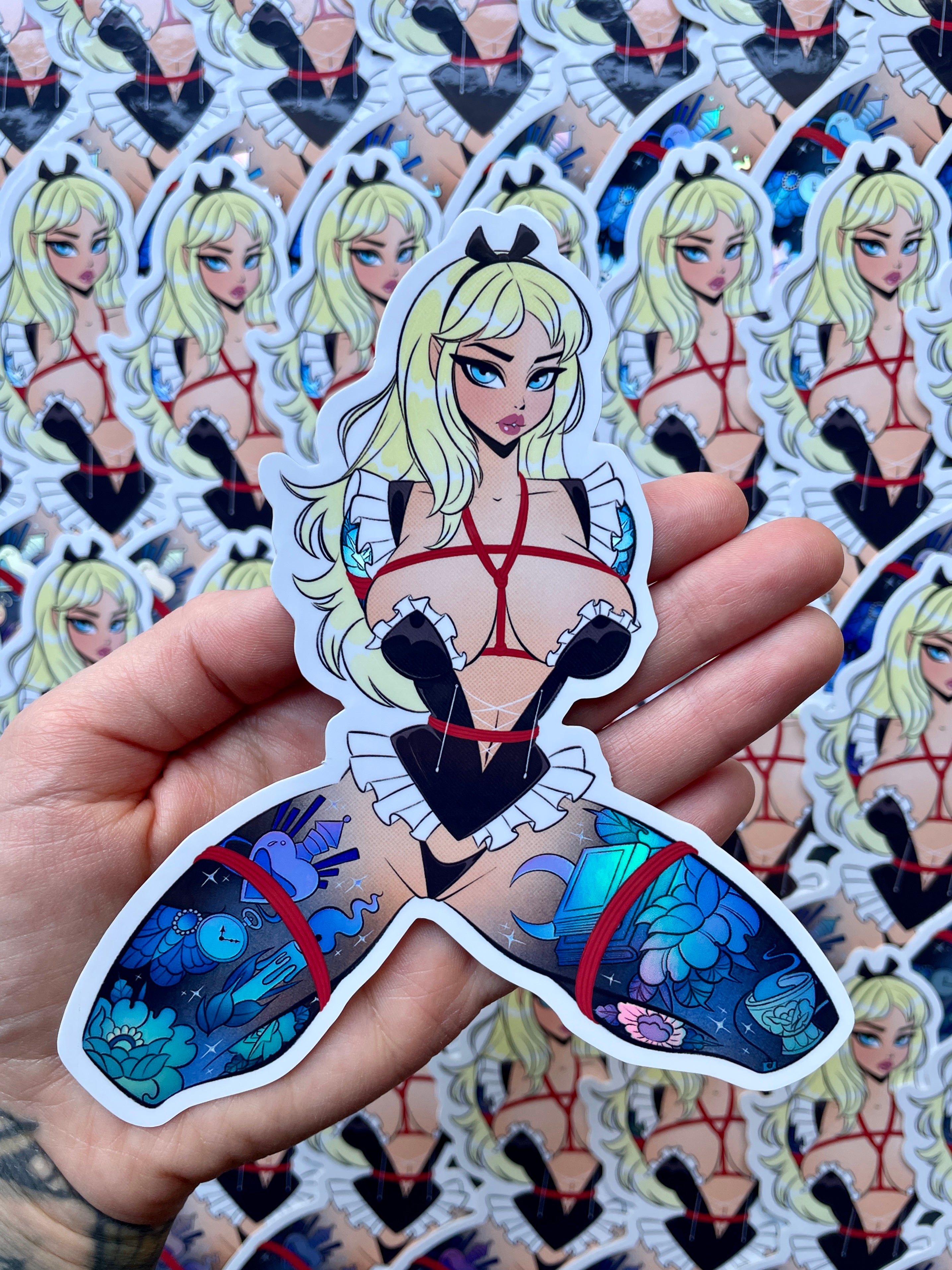 tattooed maid in shibari jumbo holographic vinyl sicker by bloodknotcollective