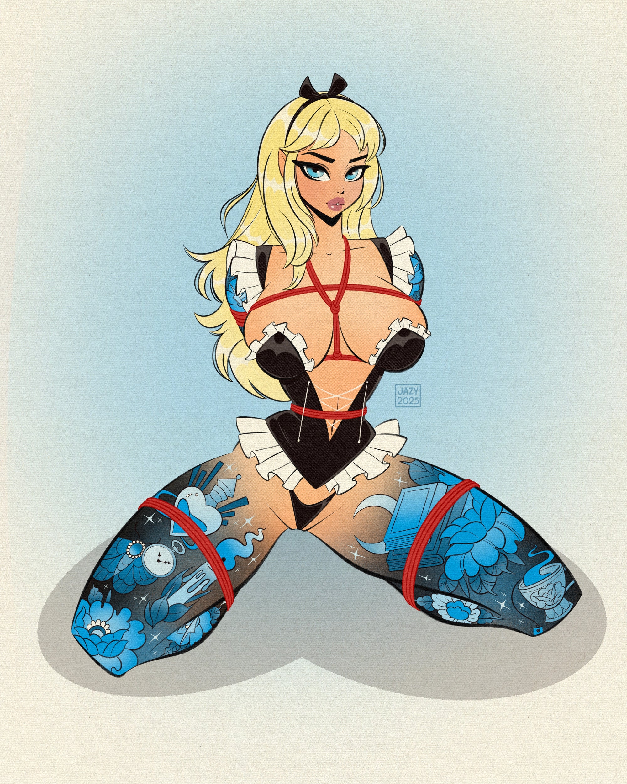 tattooed maid in shibari print by bloodknotcollective