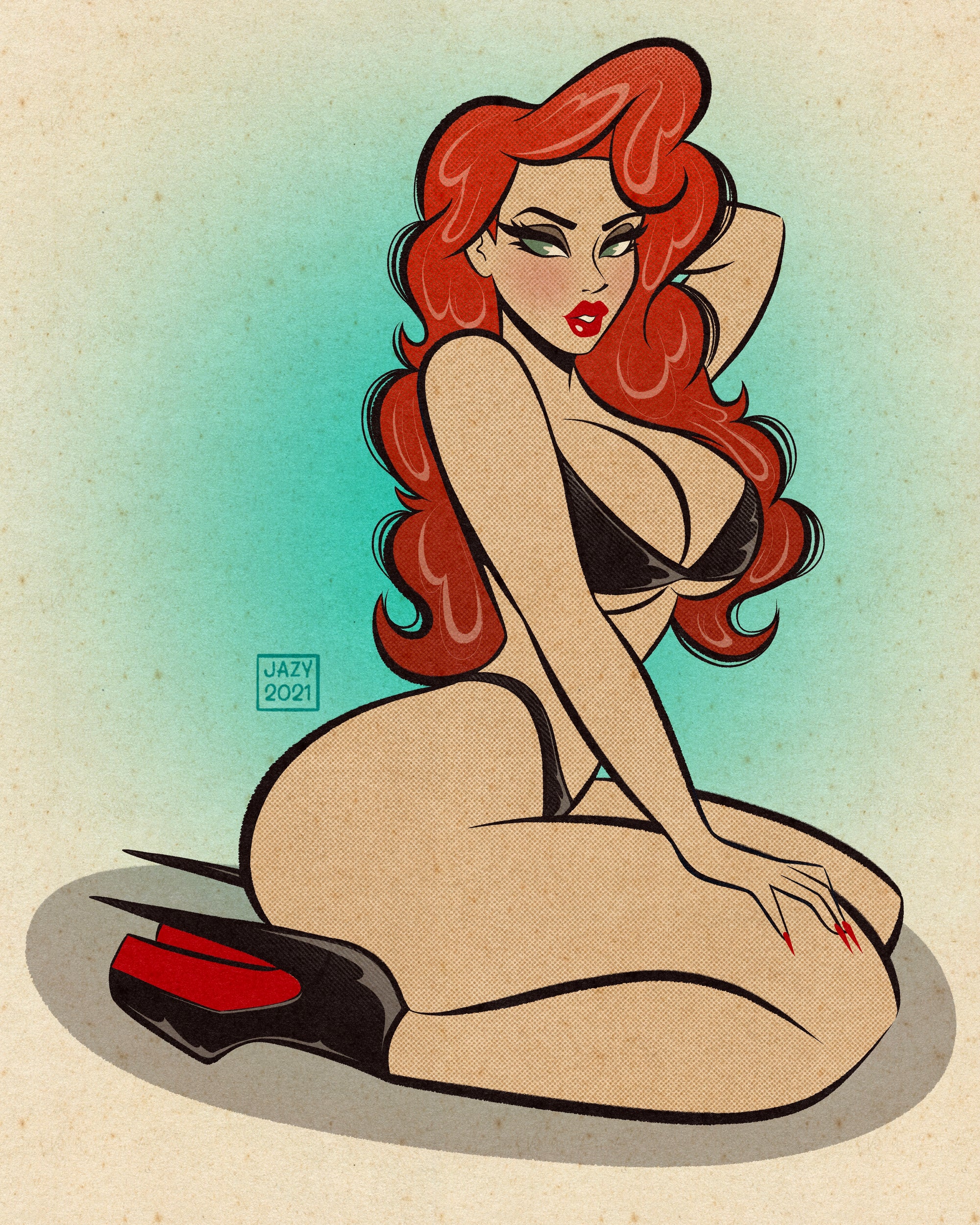 amanda pinup print with woman red head on knees and in heels.