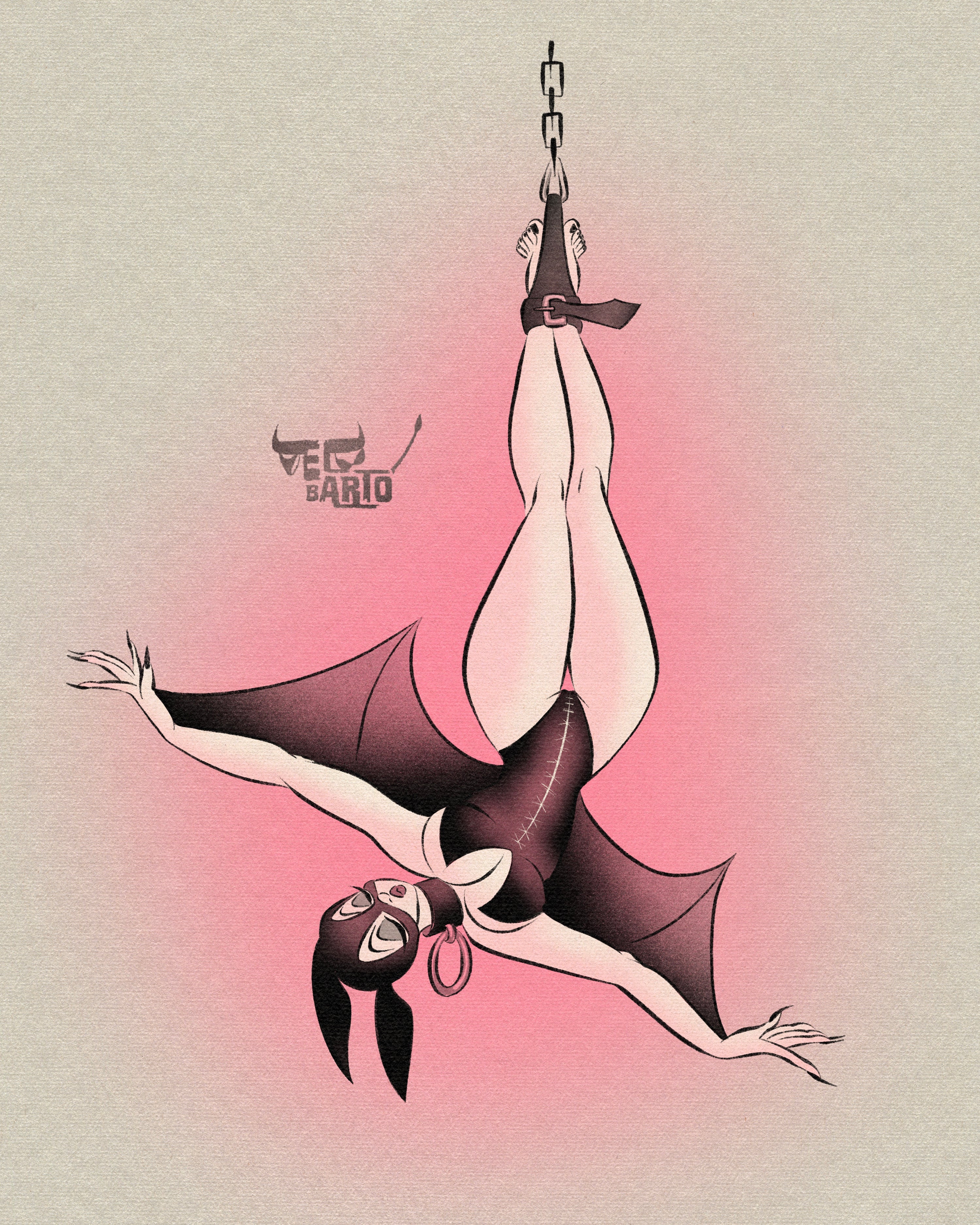 baddy bat print with pinup bat cosplay suspended upside down